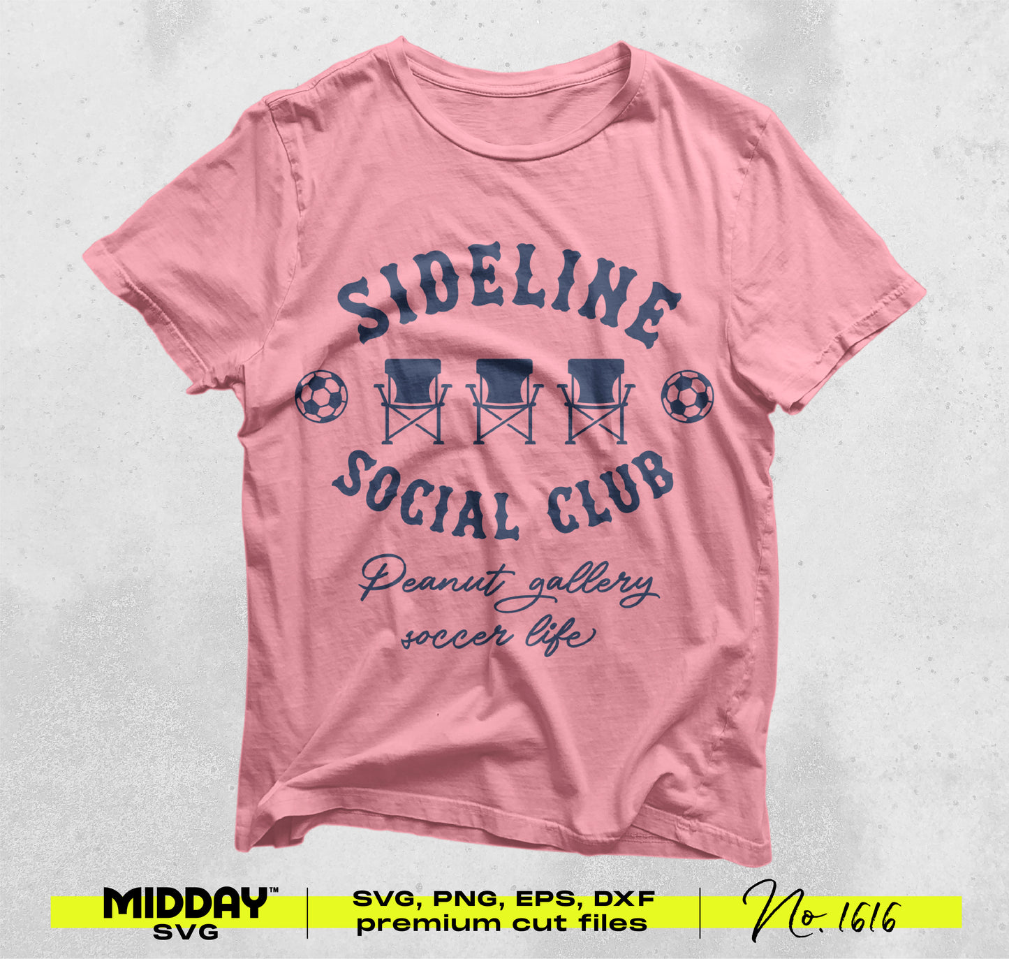 Pink t-shirt with 'Sideline Social Club' soccer design in blue, offered as SVG, PNG, EPS, DXF digital download for DIY projects.