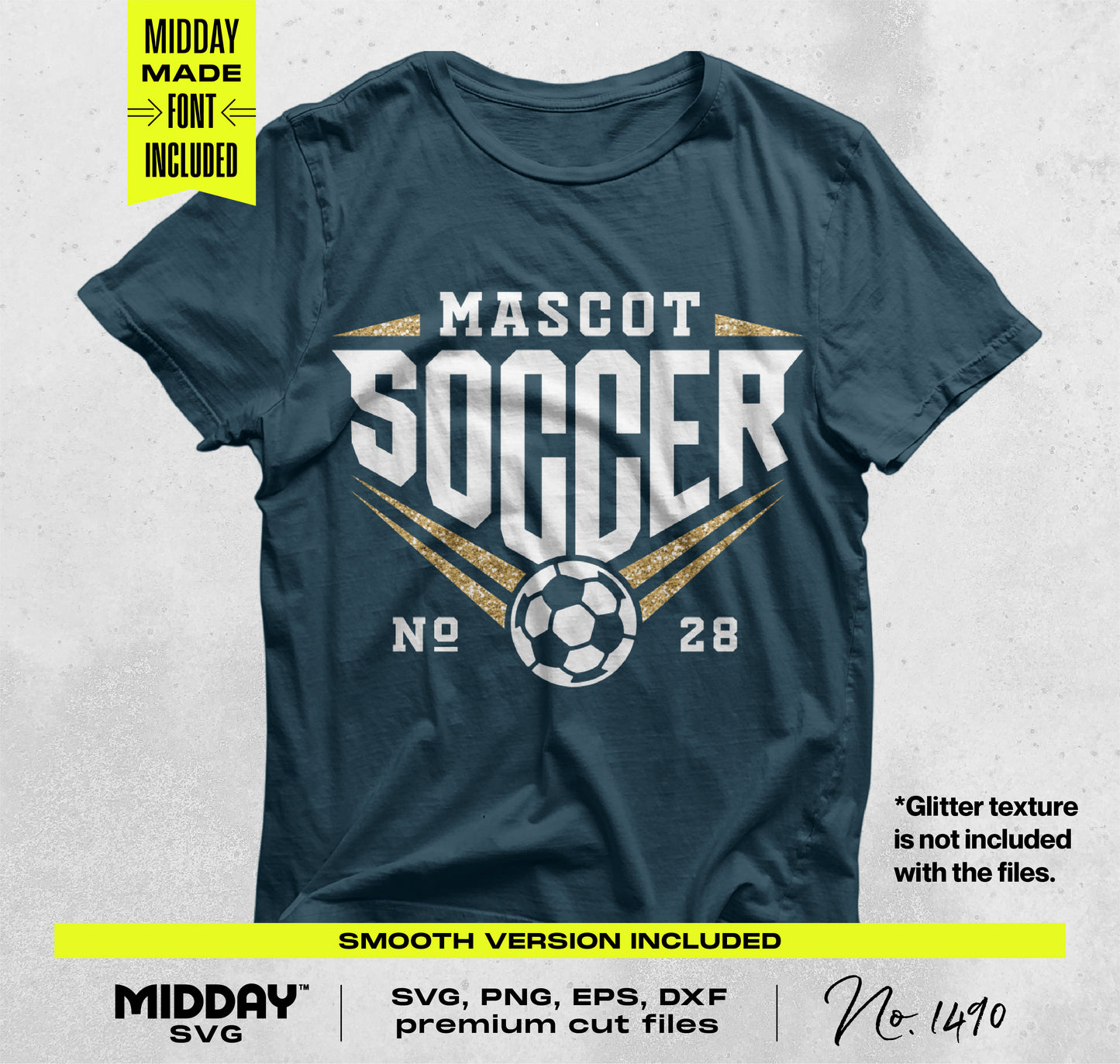 "Soccer SVG PNG Bundle V2 graphic on a dark T-shirt, featuring a bold soccer design with customizable mascot and team number."