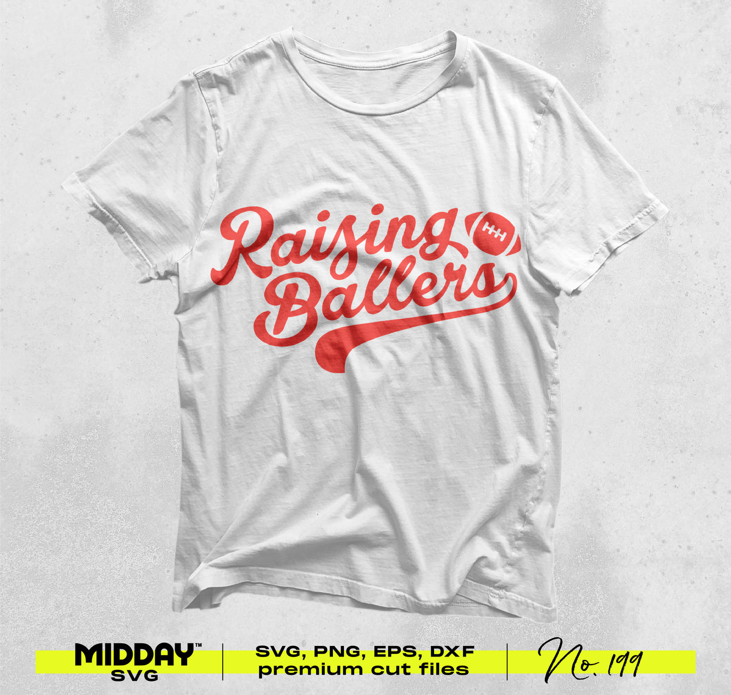 White t-shirt with "Raising Ballers" in red script and a football graphic, ideal for custom football team apparel designs.