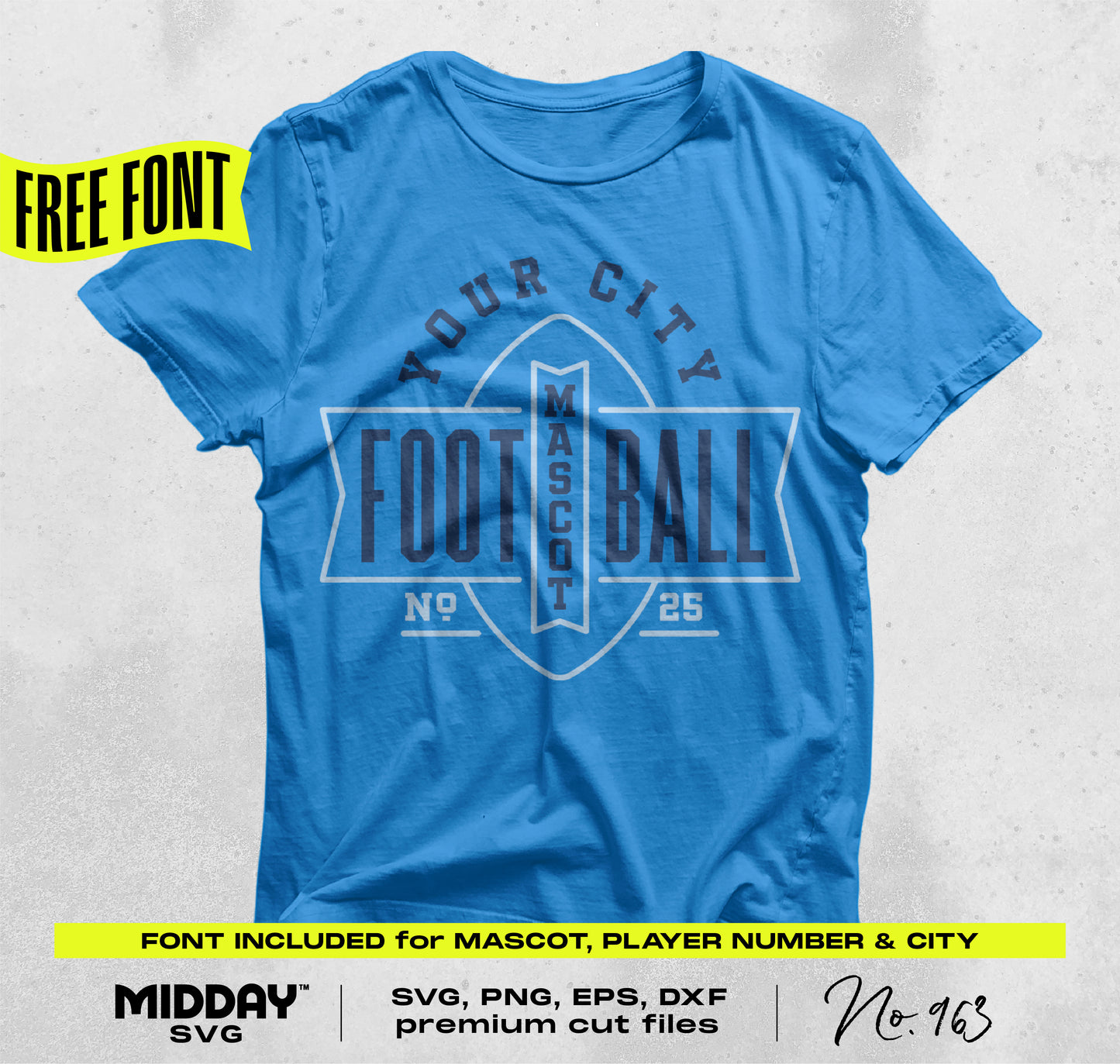 Blue t-shirt with customizable football team design from Football SVG PNG Bundle V6, includes free font for mascot and player number.