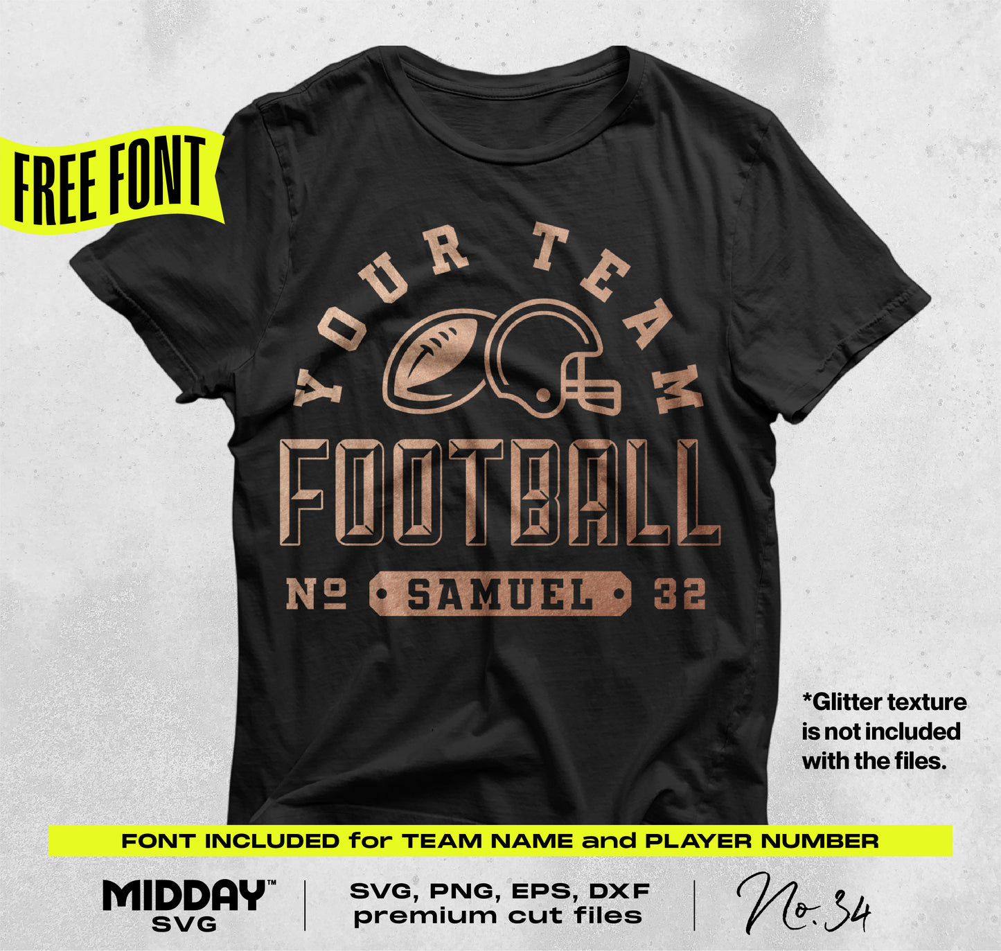 Black t-shirt with customizable football design featuring helmet, ball, and player number, perfect for team spirit wear.