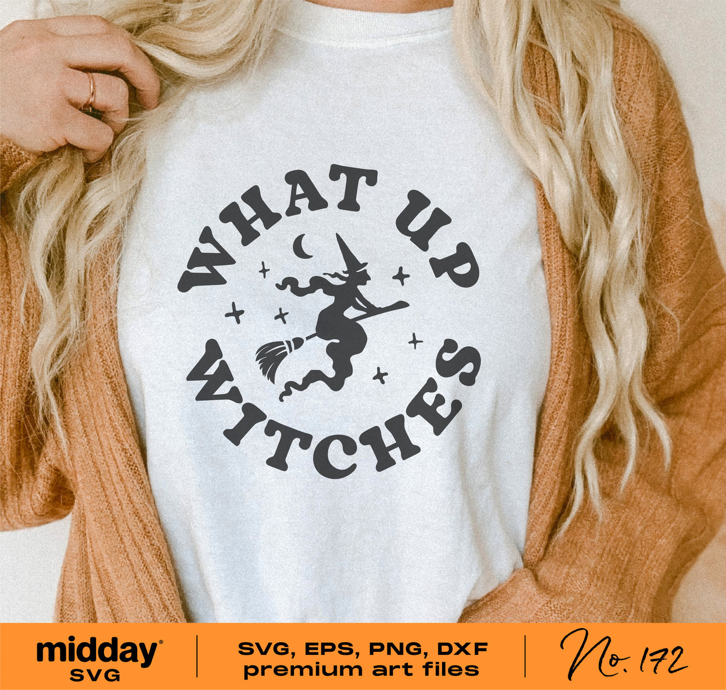 Woman wearing white shirt with 'What Up Witches' design featuring a witch on a broomstick, part of Halloween SVG bundle.