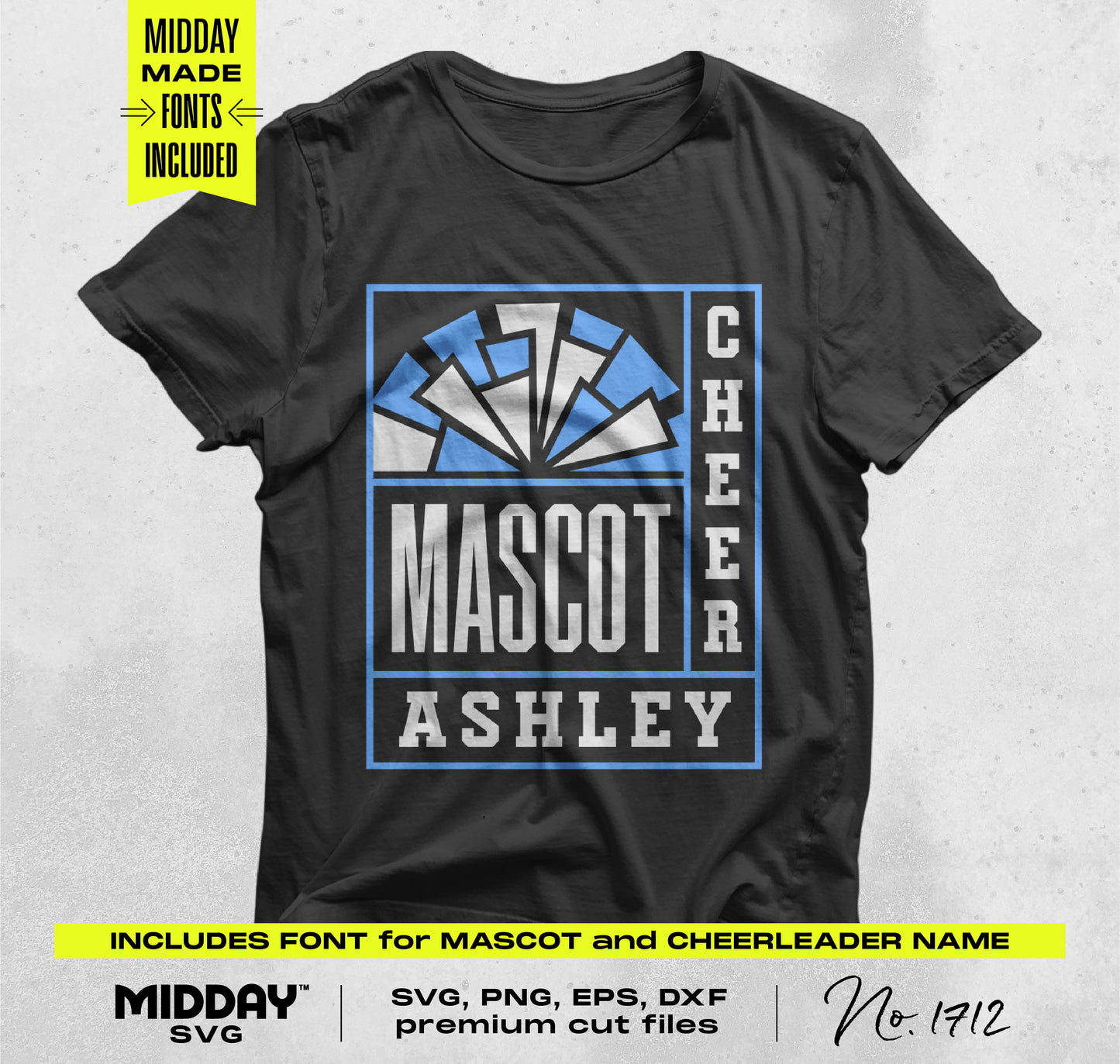 Black cheer team shirt mockup with customizable mascot and name design, includes SVG, PNG, DXF, EPS cut files for Cricut and Silhouette.