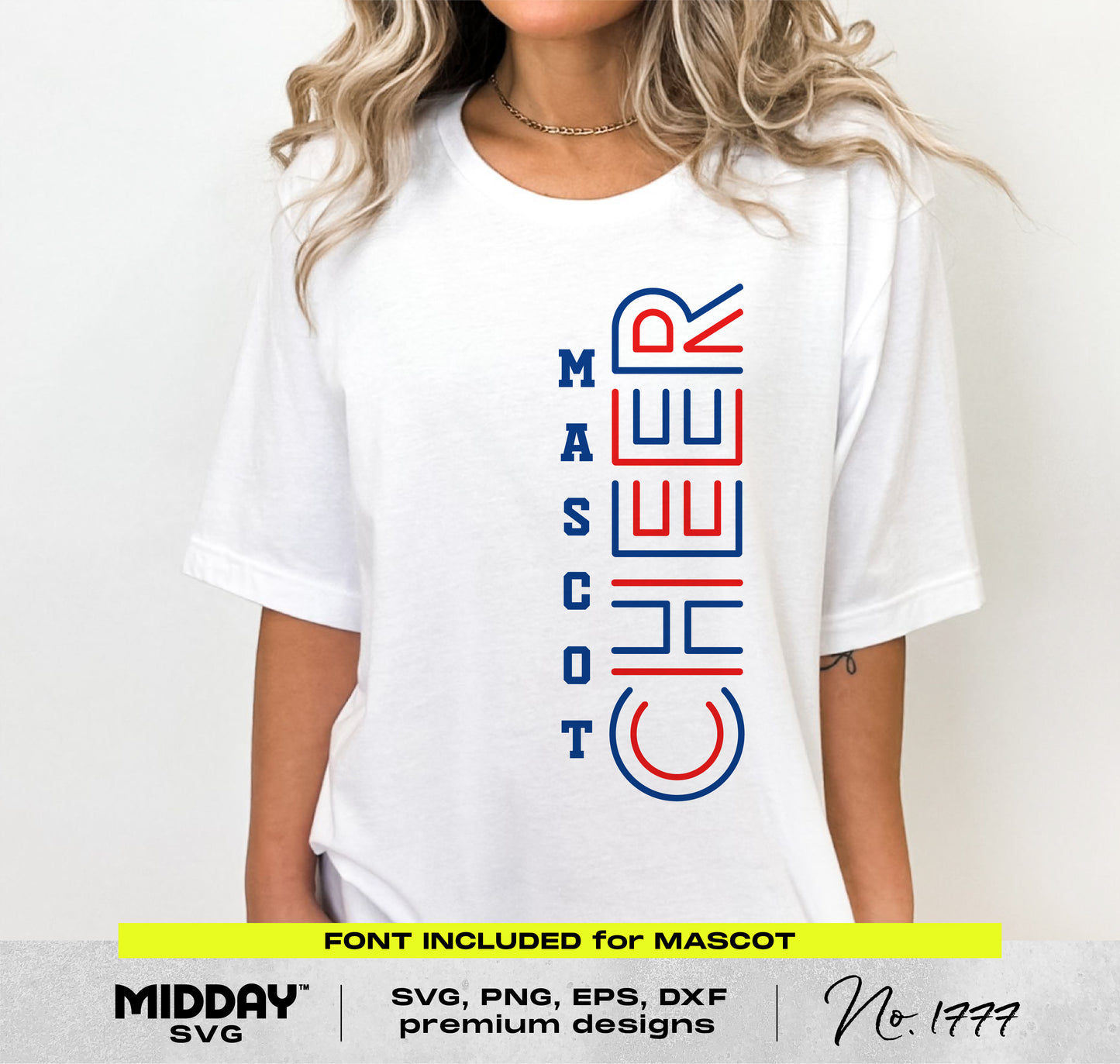 White t-shirt with 'Mascot Cheer' design in red and blue, featuring SVG, PNG, EPS, DXF cut files for Cricut and Silhouette.