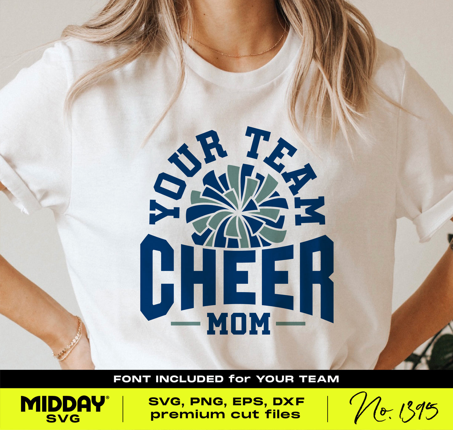 Cheer Mom SVG bundle displayed on a t-shirt with 'Your Team Cheer Mom' design, ideal for Cricut and sublimation projects.