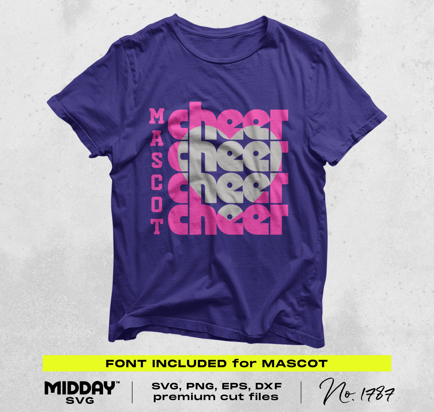 Purple T-shirt with stacked "CHEER" design and heart, perfect for customizable cheer gear, comes with free font for team personalization.