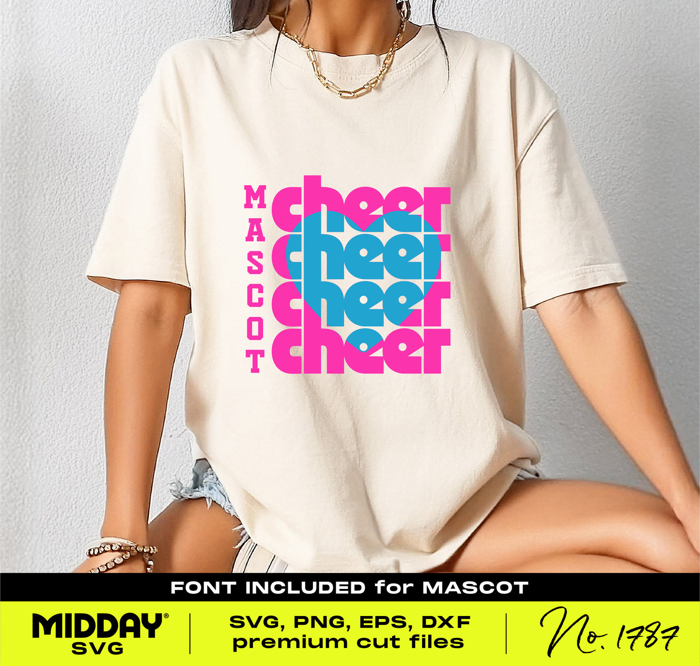 T-shirt featuring a stacked CHEER heart design with customizable mascot font, ideal for cheerleader gear and personalization.