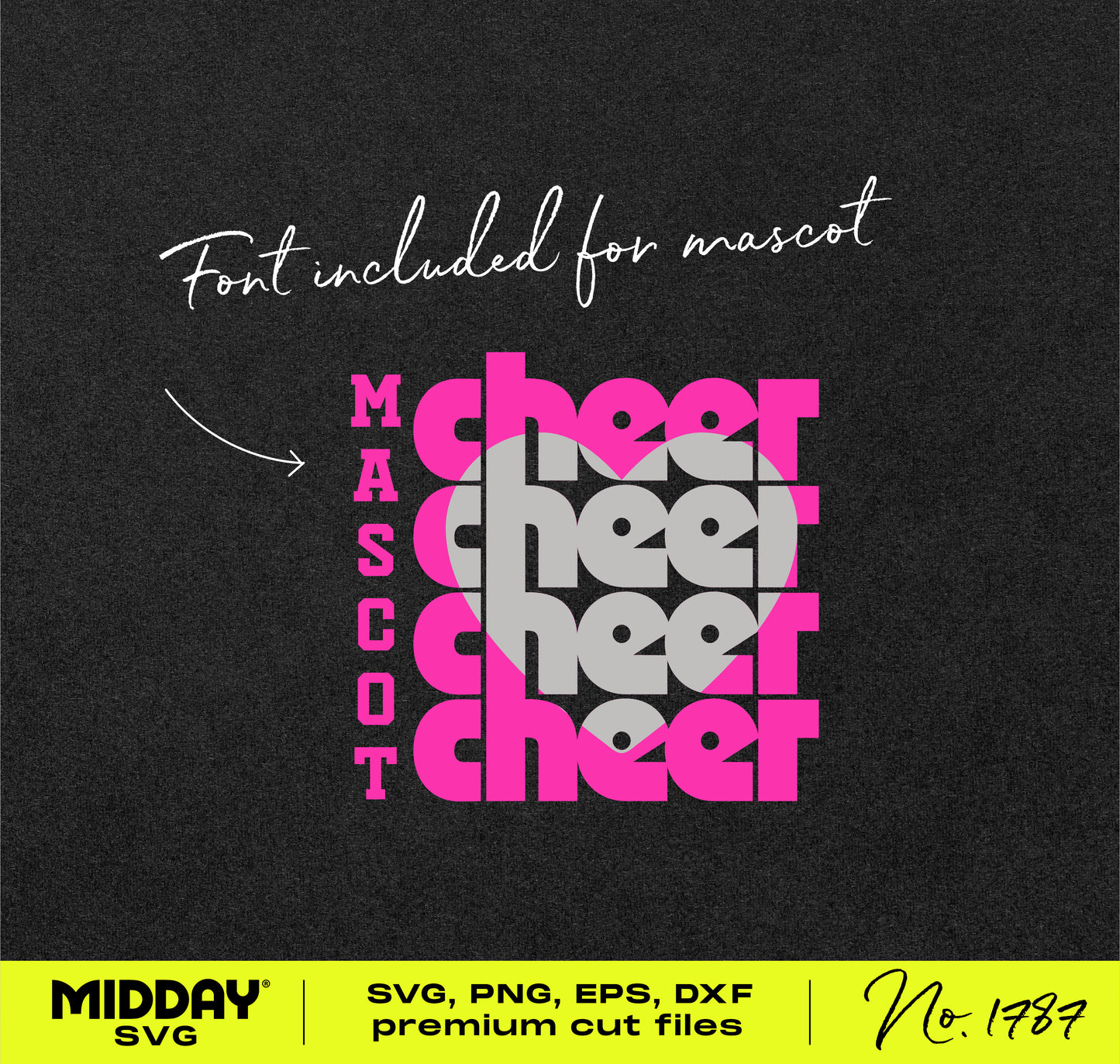 Stacked Cheer Heart Design in pink and gray, featuring the word 'CHEER' vertically aligned with a heart graphic, perfect for cheer gear.