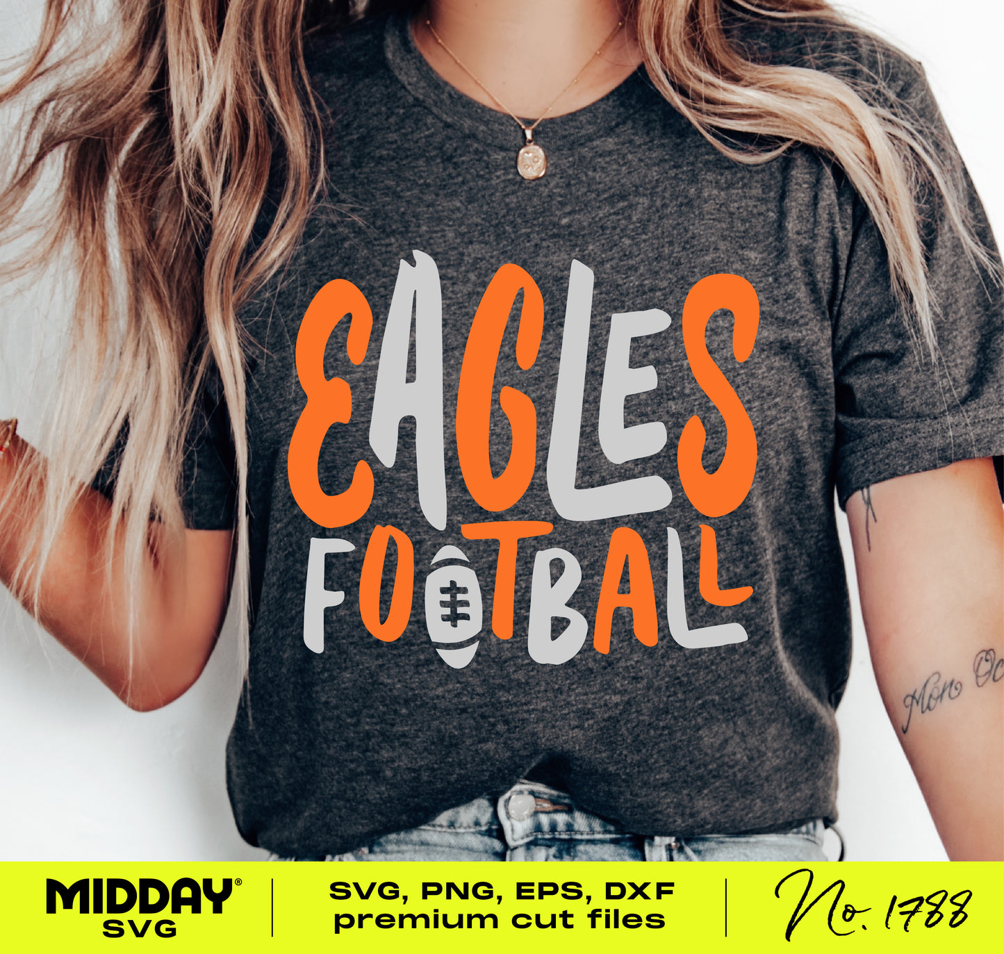 Woman wearing T-shirt with hand-lettered Eagles football design in bold, funky lettering, perfect for team fanwear.