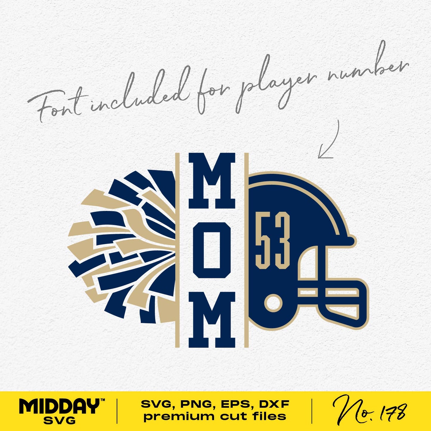 "Football and Cheer Mom SVG design with customizable player number, featuring a helmet and cheer pom-pom graphic."