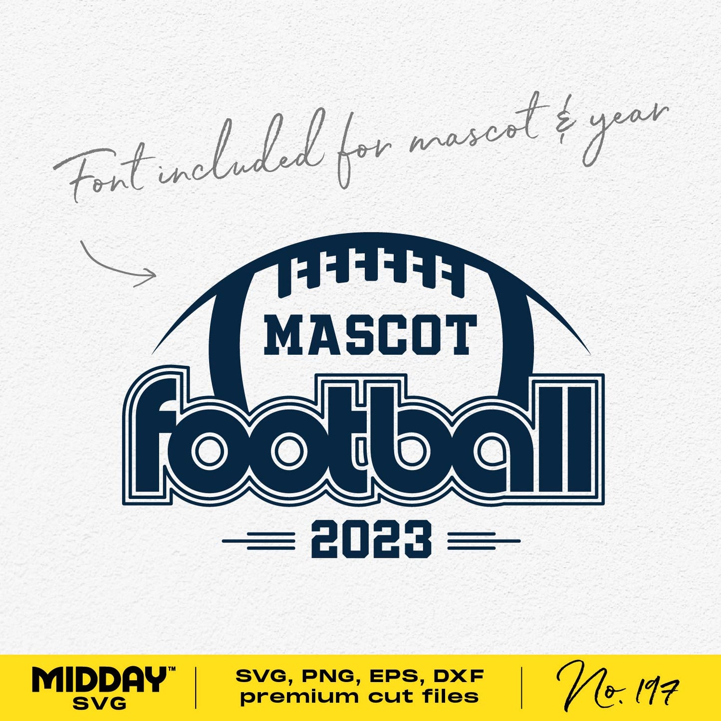 Vintage football team template design with 'Mascom Football 2023' text, SVG, PNG, DXF, EPS formats, font included for customization.