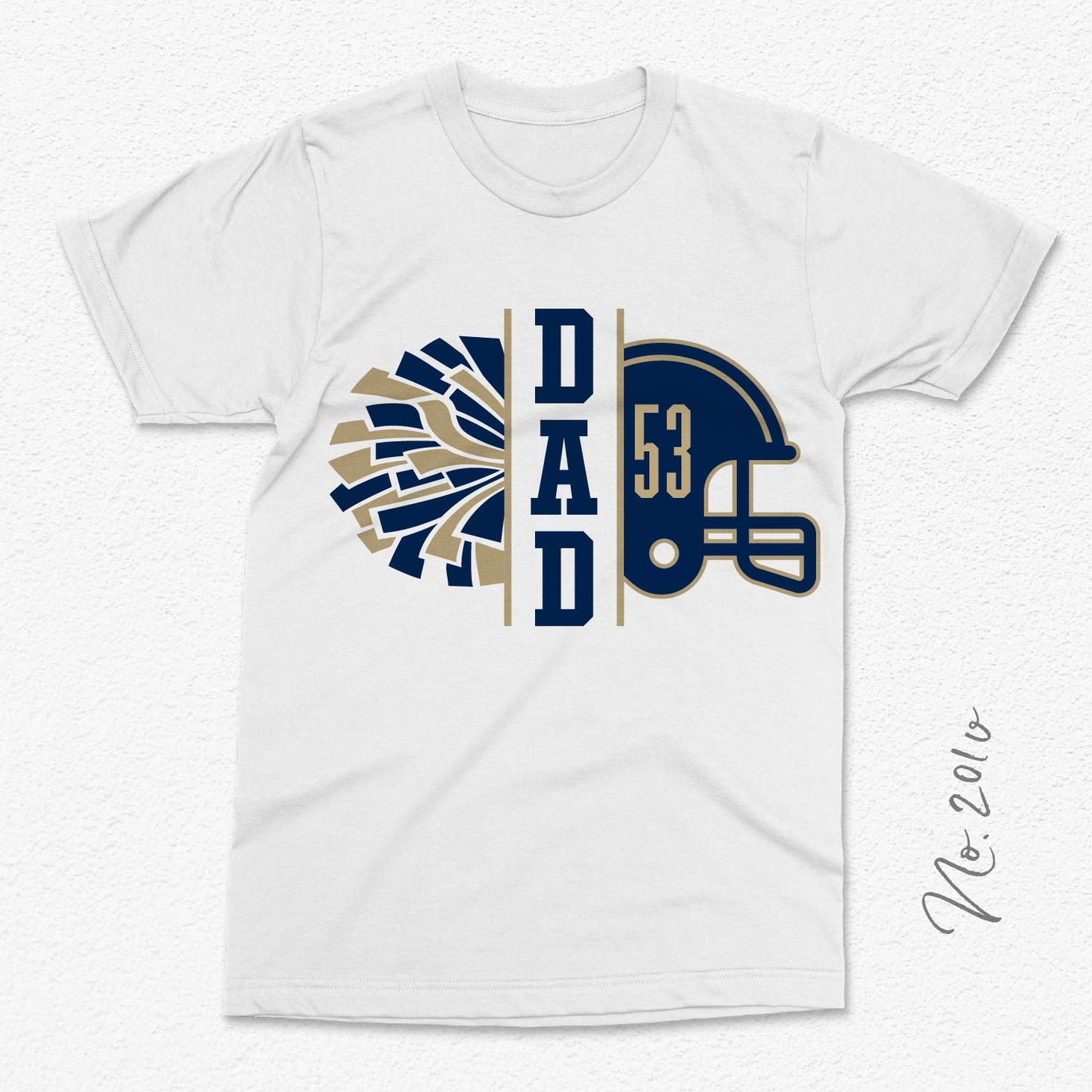 White t-shirt with a cheerleader dad design featuring a helmet and cheer pom-pom, perfect for cheerleading dads, available in SVG, PNG formats.