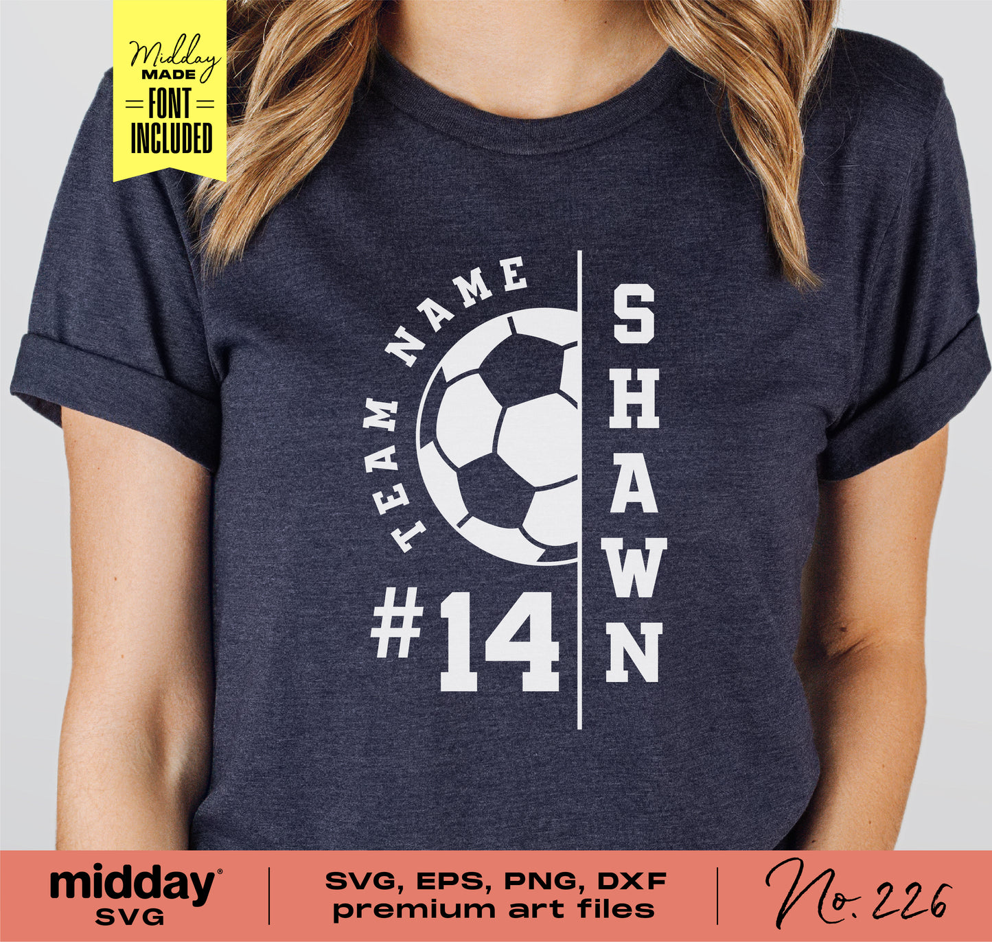 Navy soccer shirt with custom team name and player number design, featuring "Team Name Shawn #14" and a soccer ball graphic.