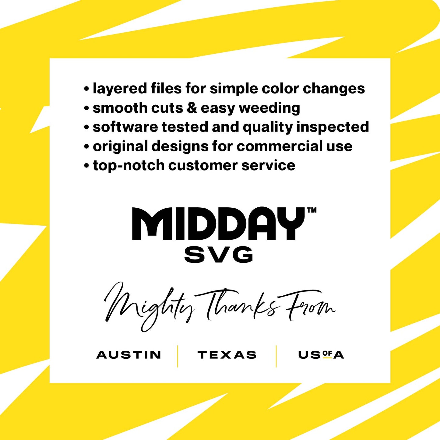 Midday SVG promotional graphic highlighting features like layered files, smooth cuts, and top-notch customer service, based in Austin, Texas.