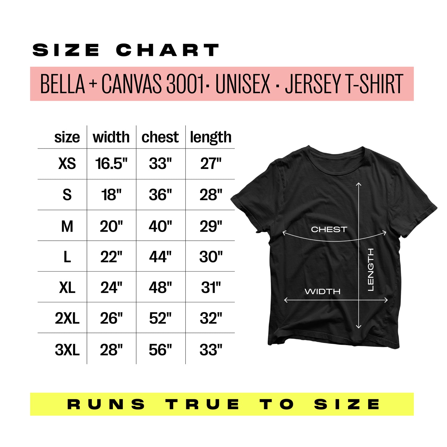 Bella+Canvas 3001 size chart with XS to 3XL measurements for unisex jersey T-shirt, displayed next to a black T-shirt diagram.