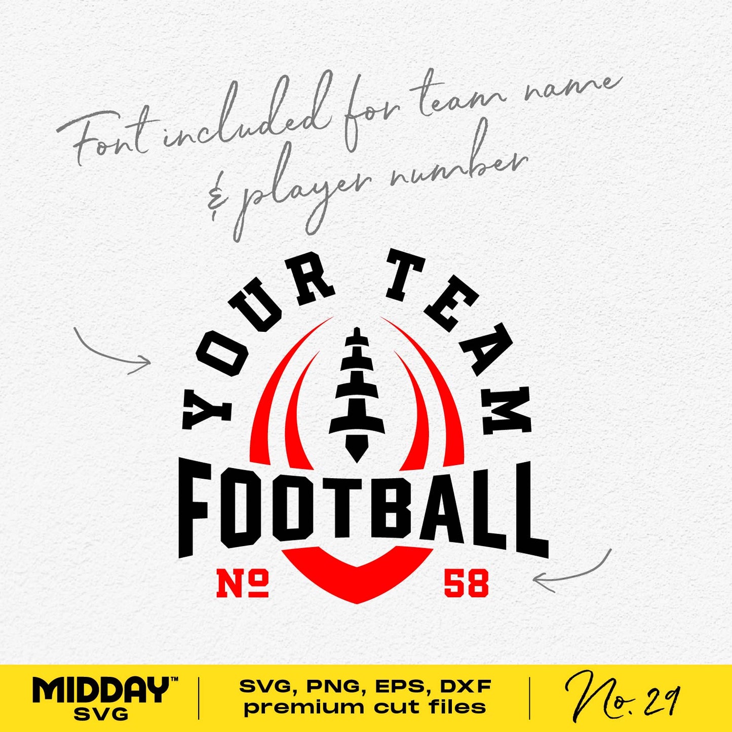 Football Team Template with customizable team name and player number, includes SVG, PNG, DXF, EPS formats and Midday .otf font.