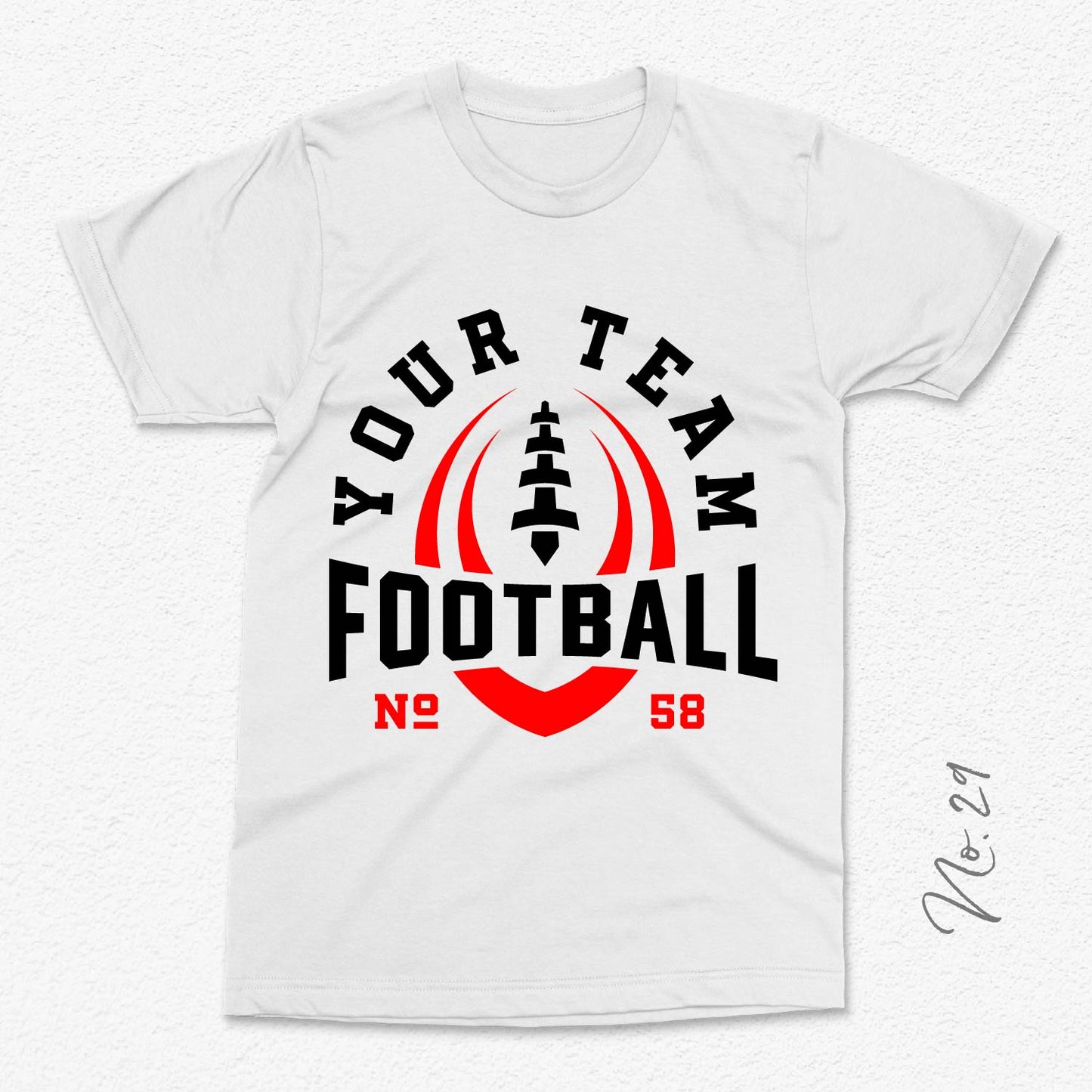 Customizable football team t-shirt template with editable name and player number design, featuring football graphic.