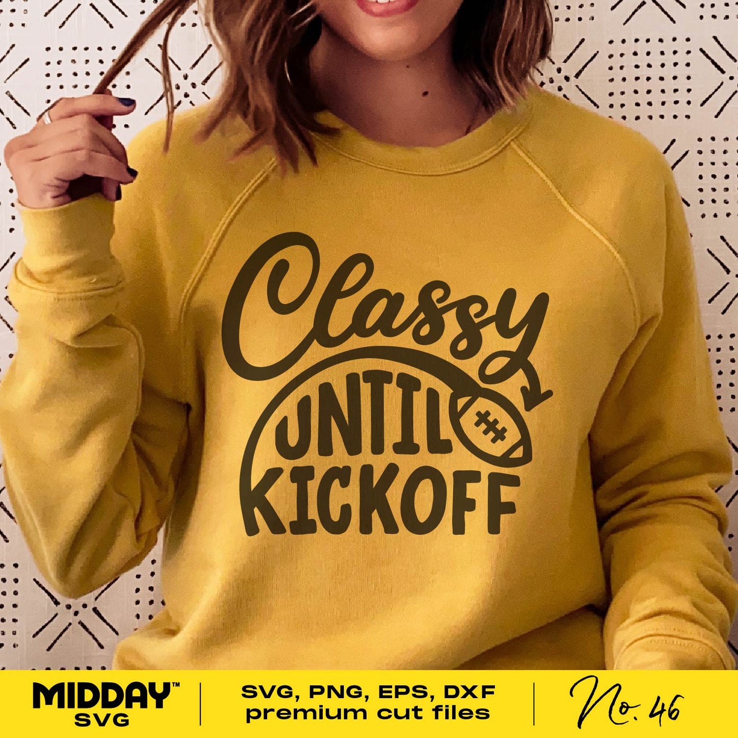 Person wearing 'Classy Until Kickoff' football-themed sweatshirt, perfect for expressing team spirit at games.