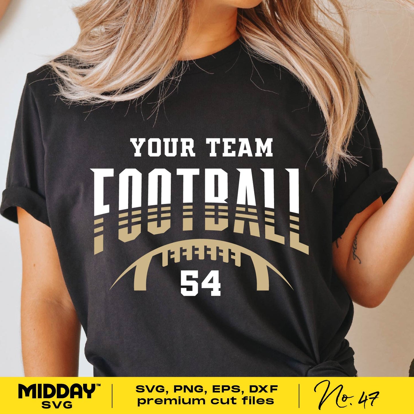 Customizable football team t-shirt design template with 'Your Team Football 54' in SVG, PNG, EPS, DXF, AI formats for merchandise.