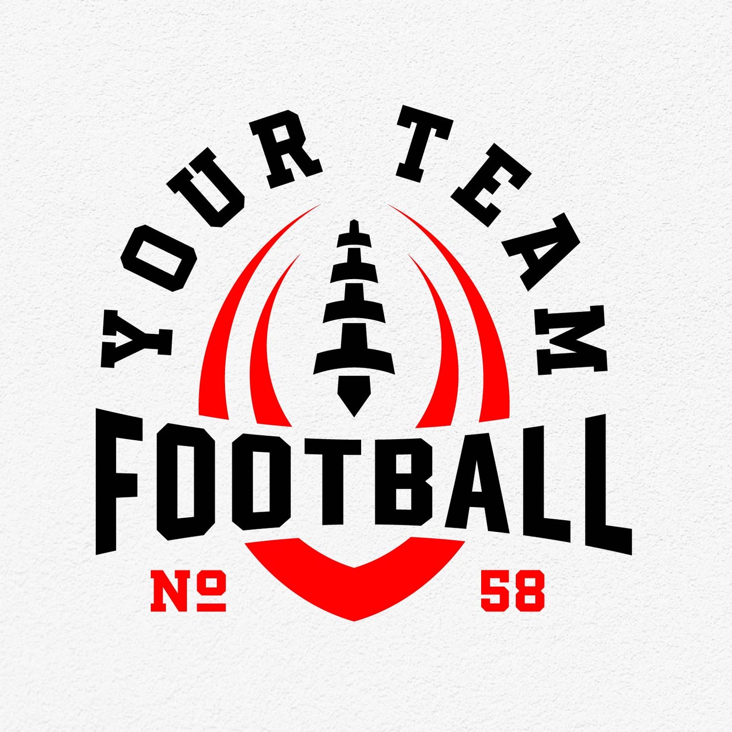 Customizable football team logo template with the text 'Your Team Football No. 58' featuring bold black and red design elements.