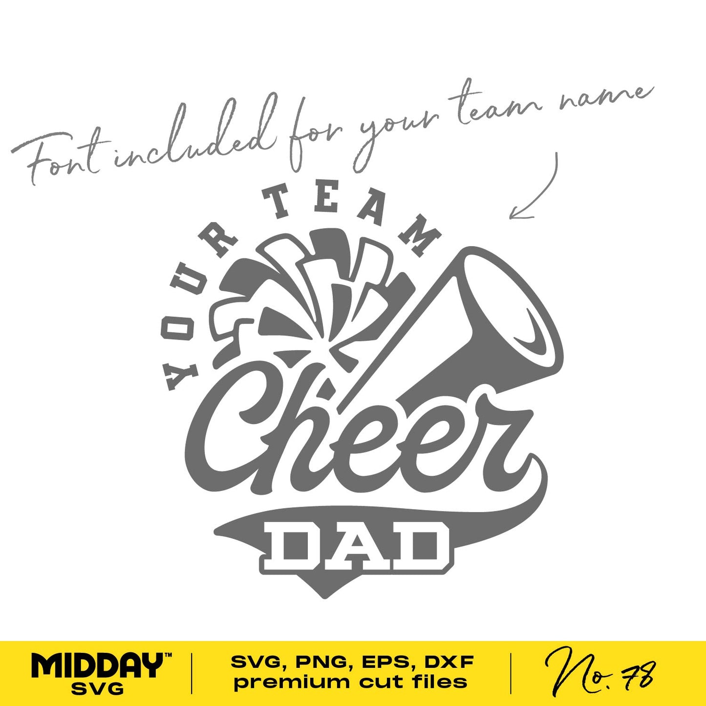 Cheer Dad design template for personalized apparel and accessories with included font, compatible with Cricut and other design tools.