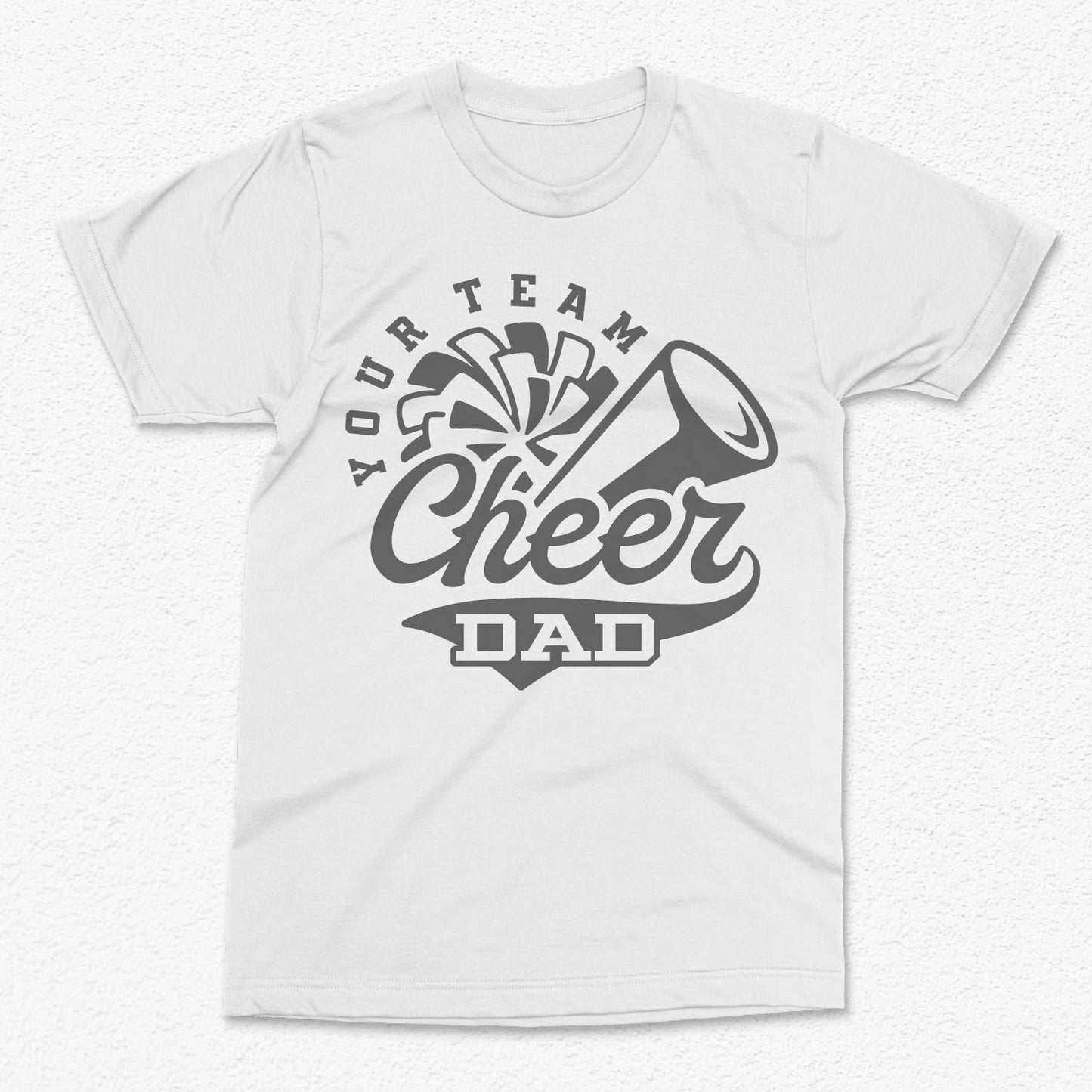 Cheer Dad t-shirt with megaphone and pom-pom design, perfect for proud parents supporting their cheerleading superstars.