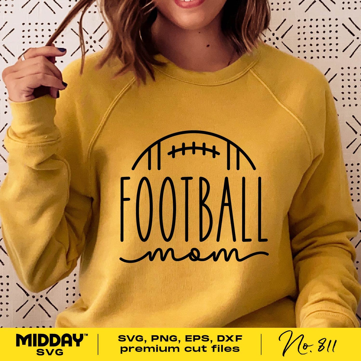 Football Mom design on a yellow sweatshirt, suitable for proud football moms. Available in SVG, PNG, EPS, DXF, AI formats.