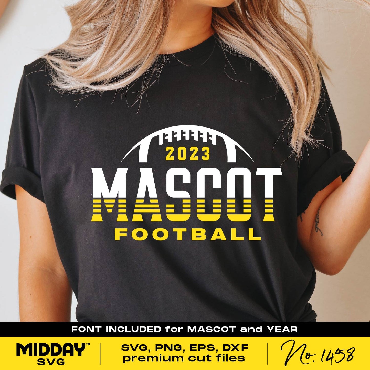 Customizable football team t-shirt with "2023 Mascot Football" text, available in SVG, PNG, EPS, DXF formats for personalization.