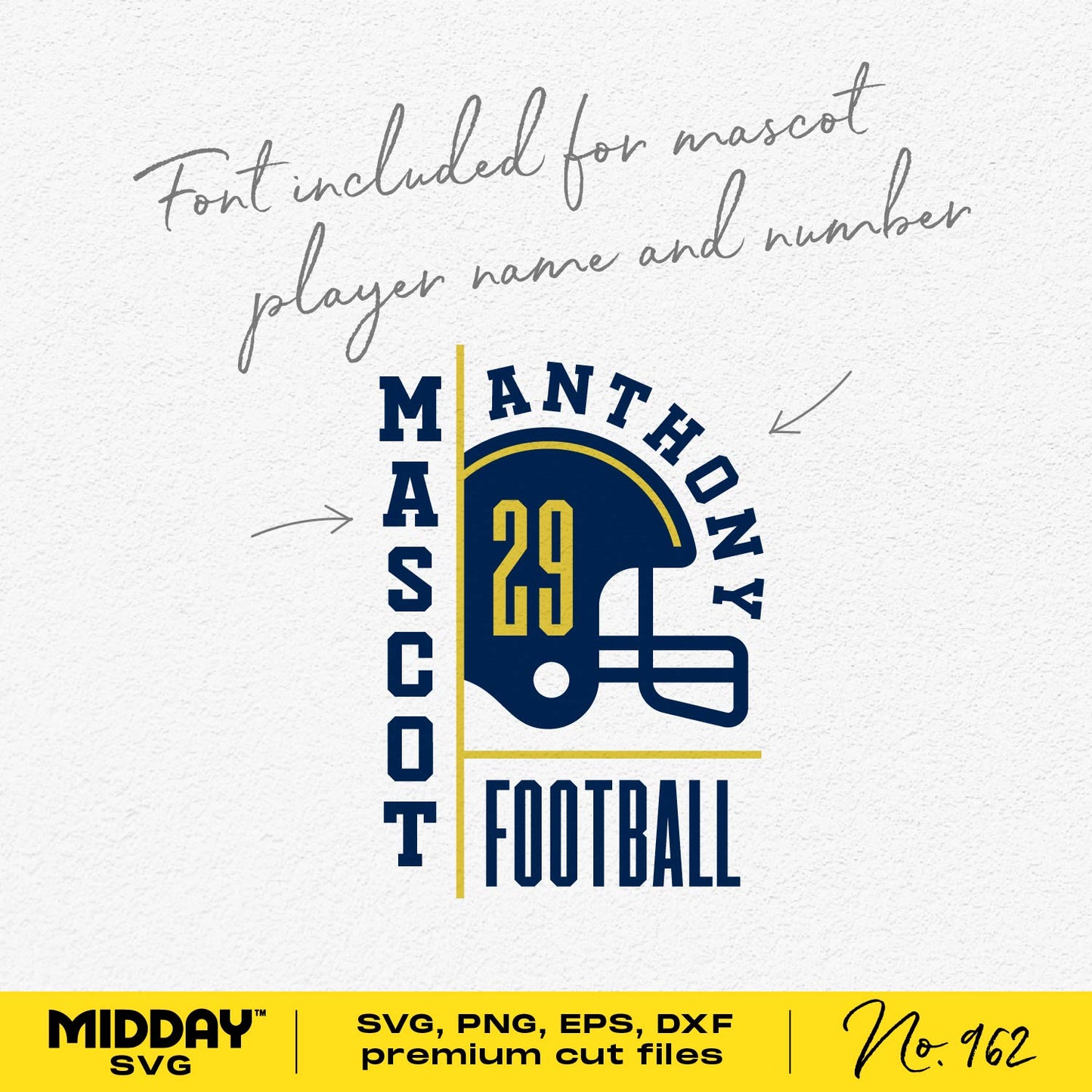 Football template with helmet graphic, customizable text for team and player, includes SVG, PNG, DXF, EPS files.
