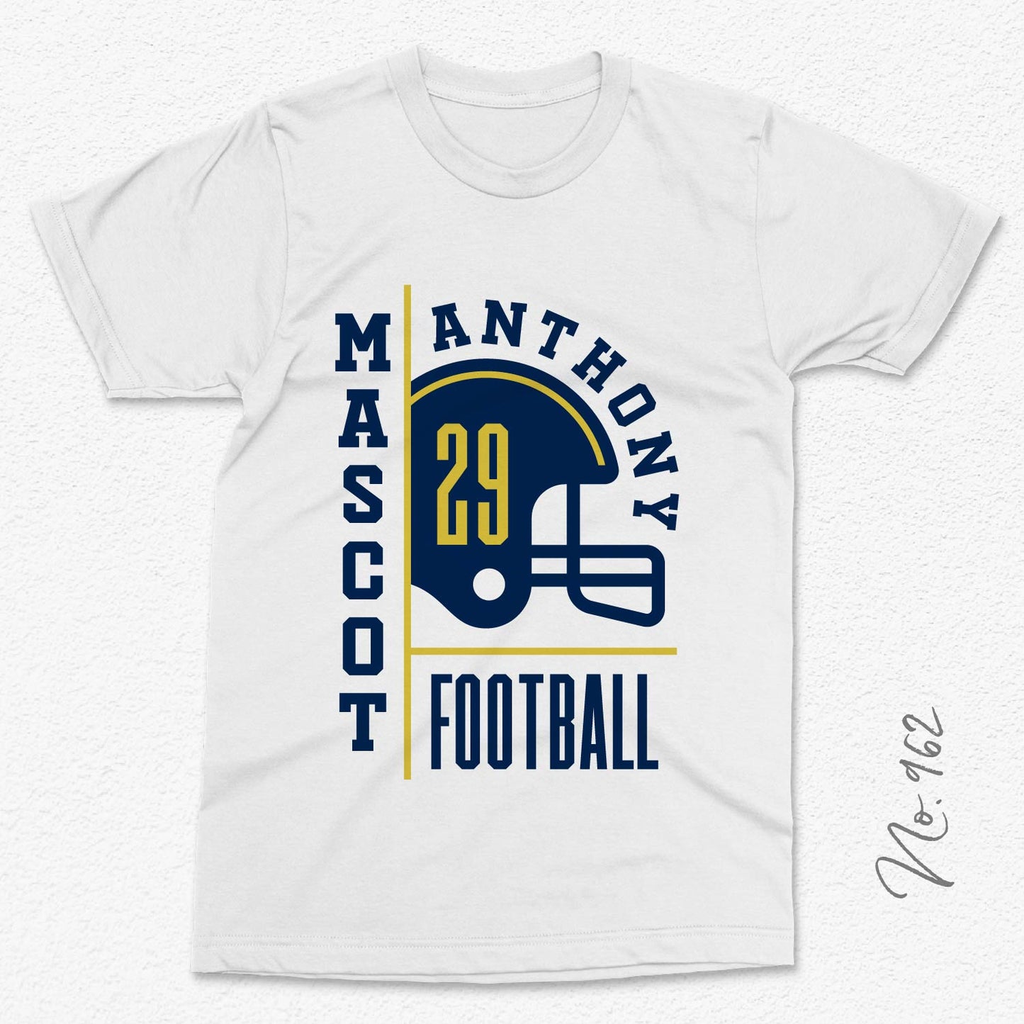 Football t-shirt featuring customizable team and player design with helmet graphic and text "Mascot Anthony Football 29."