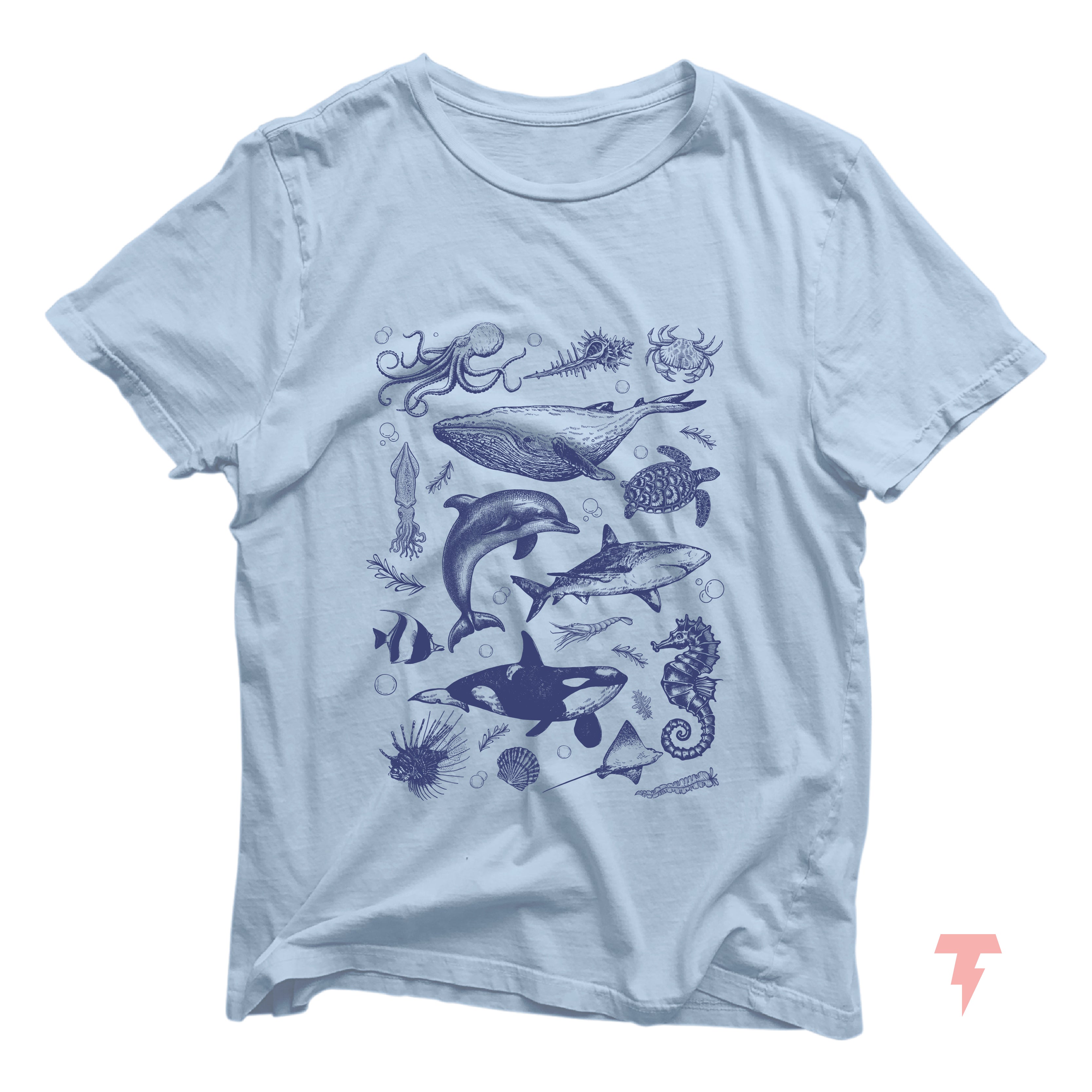 Ocean Life Shirt with vintage illustrations of sea animals like orca, dolphin, whale, and shark on a light blue cotton tee.