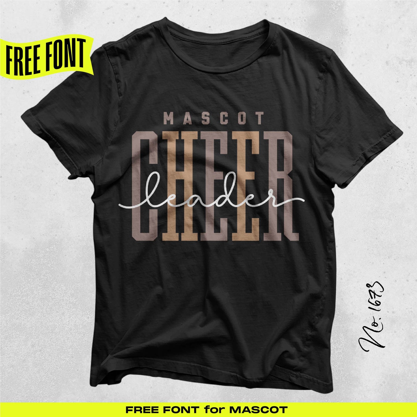 Black t-shirt with 'Mascot Cheer Leader' design using free collegiate font, perfect for personalized team spirit gear.