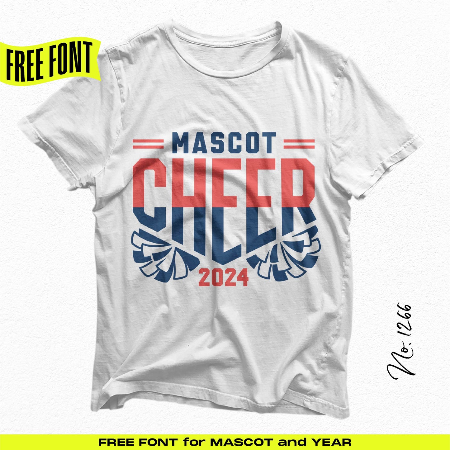 Masculine cheer t-shirt design with 'Mascot Cheer 2024' in red and blue, featuring bold text and wing graphics.