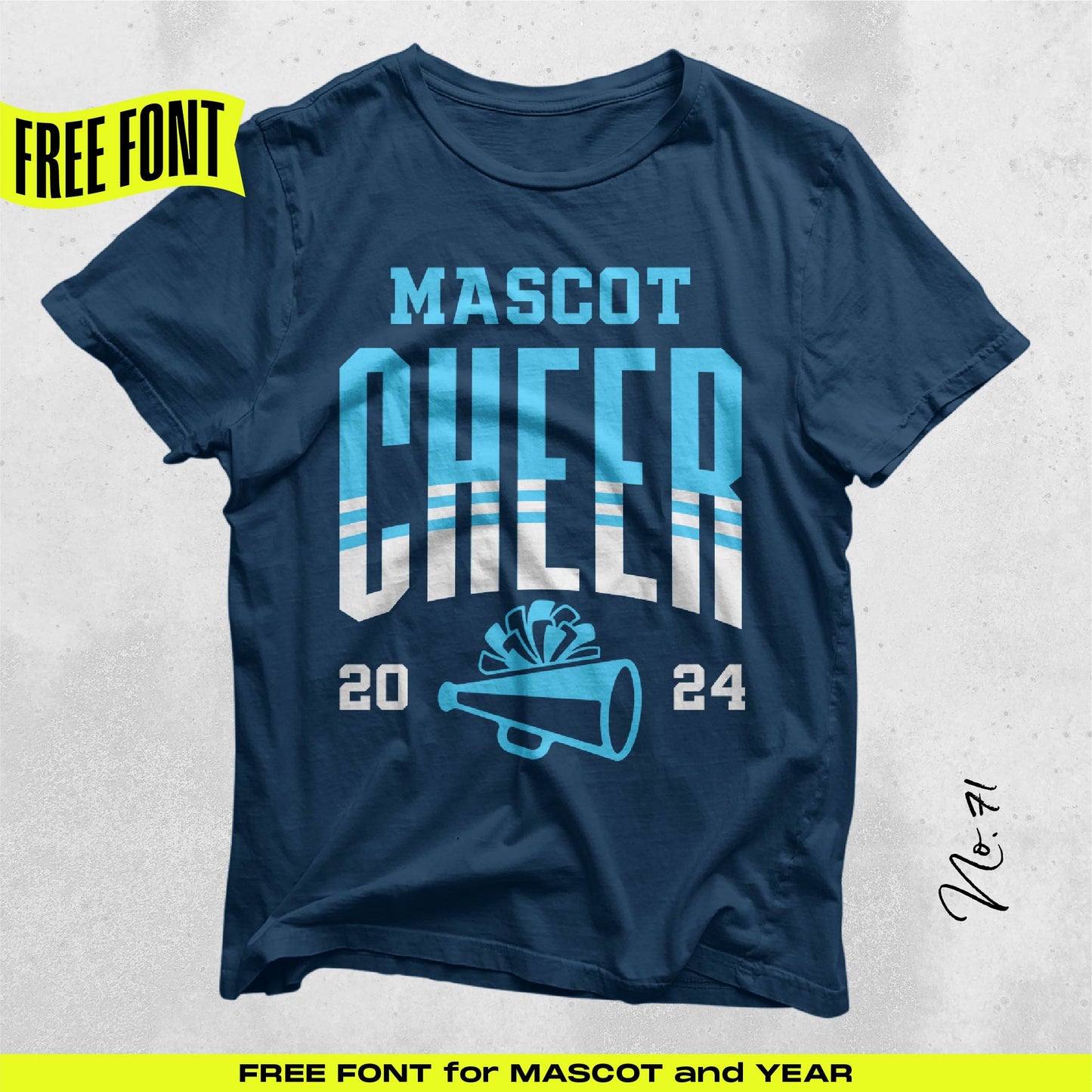 Blue T-shirt with 'Mascot Cheer 2024' design in collegiate font includes megaphone graphic and free font offer.