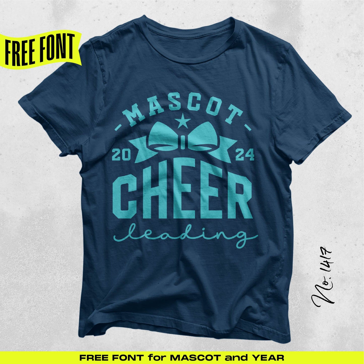 Elegant cheerleading SVG template on navy shirt with bold typography and bow design, ideal for team spirit apparel creation.