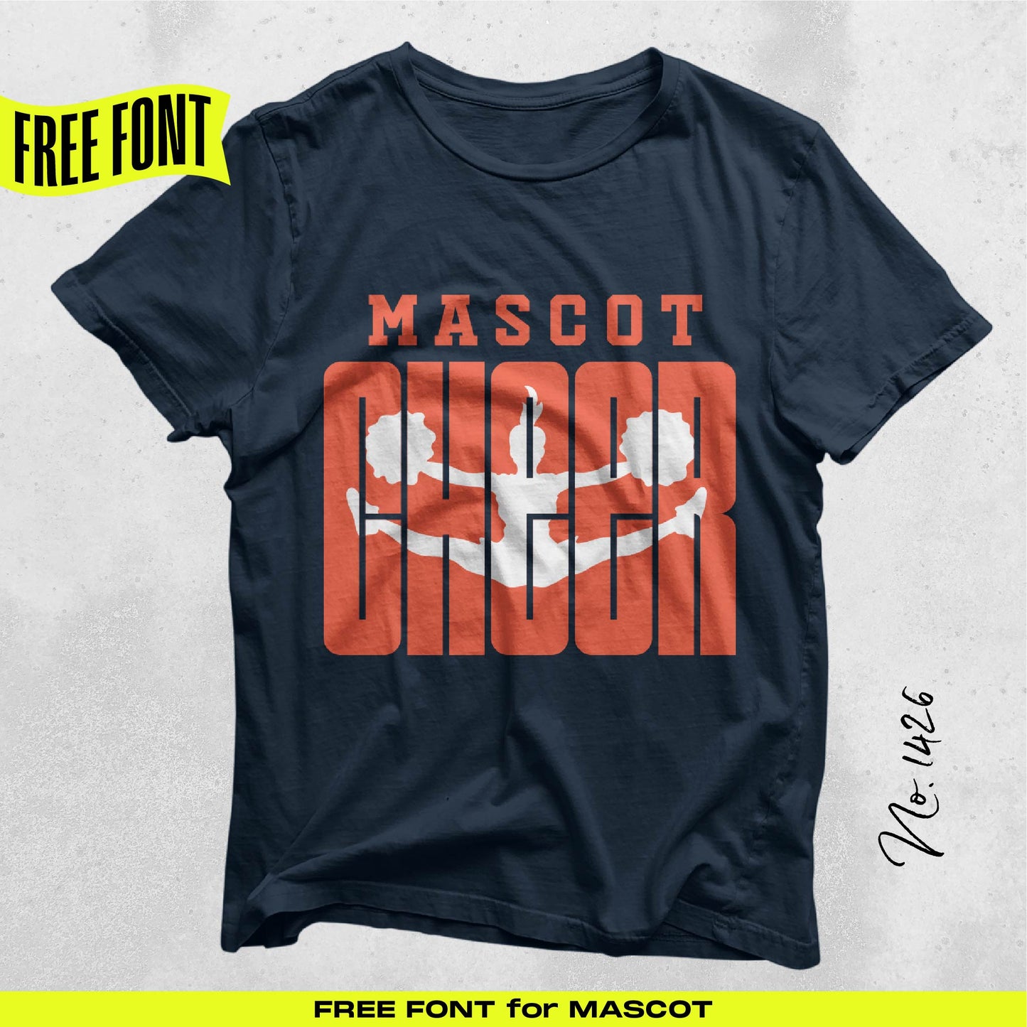 Navy t-shirt with collegiate cheerleader design in orange featuring the word 'Mascot Cheer'. Free font available for mascot designs.