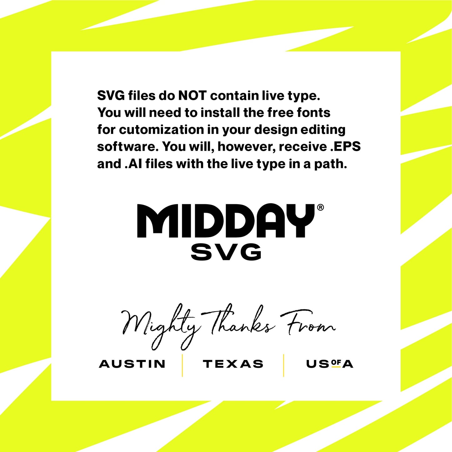 Midday SVG file information with customization instructions, including font installation from Austin, Texas, USA, on neon background.