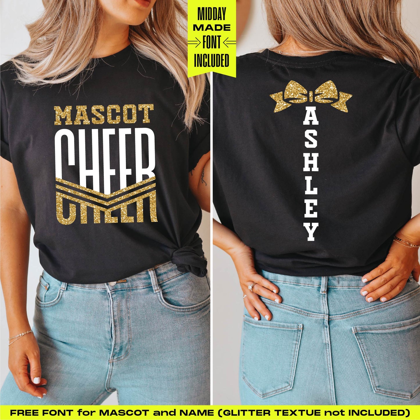 Front and back view of black t-shirt with collegiate cheer design featuring customizable text in gold and white.