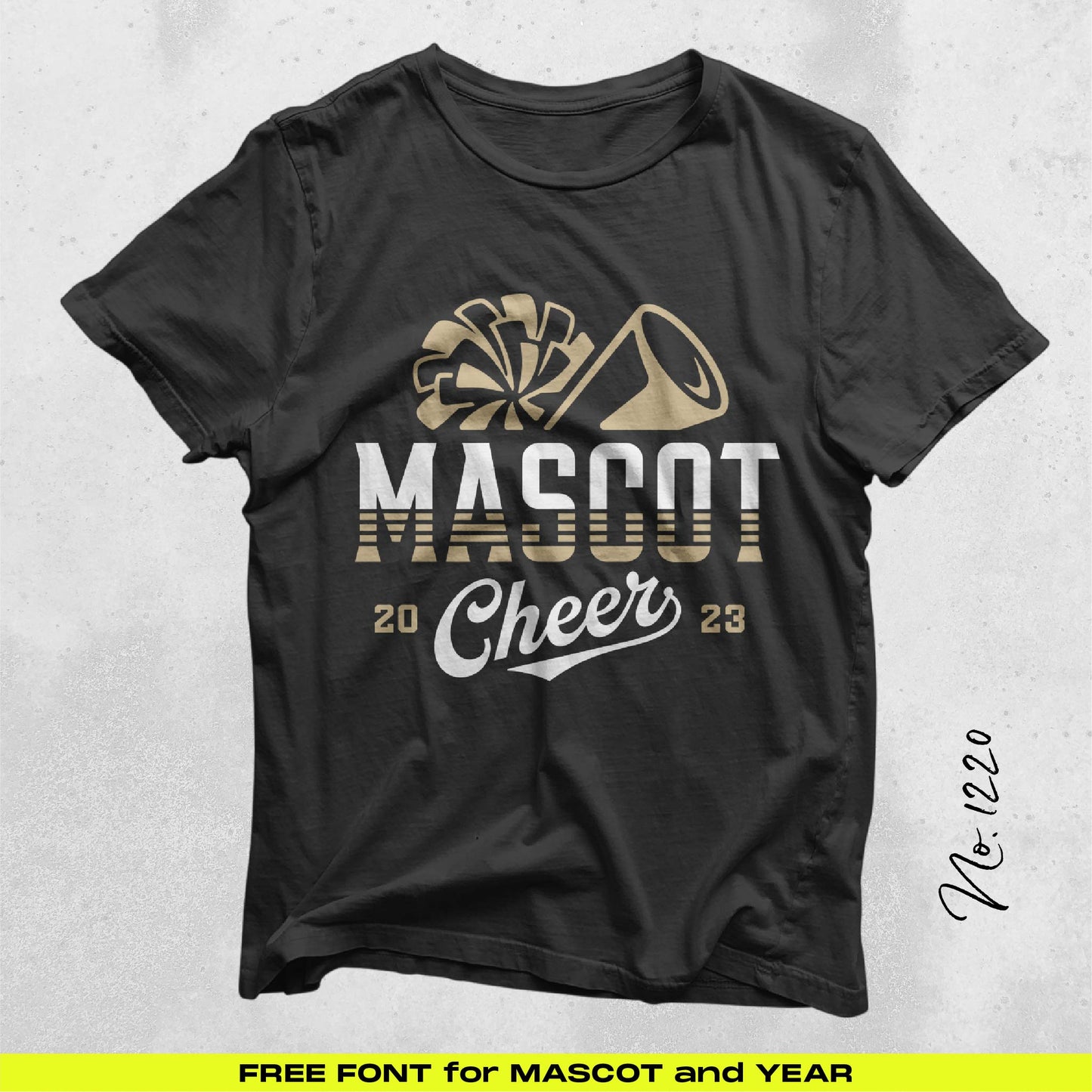 Cheer Bundle Team Templates V4 t-shirt featuring 'Mascot Cheer 2023' with pom-pom and megaphone design.