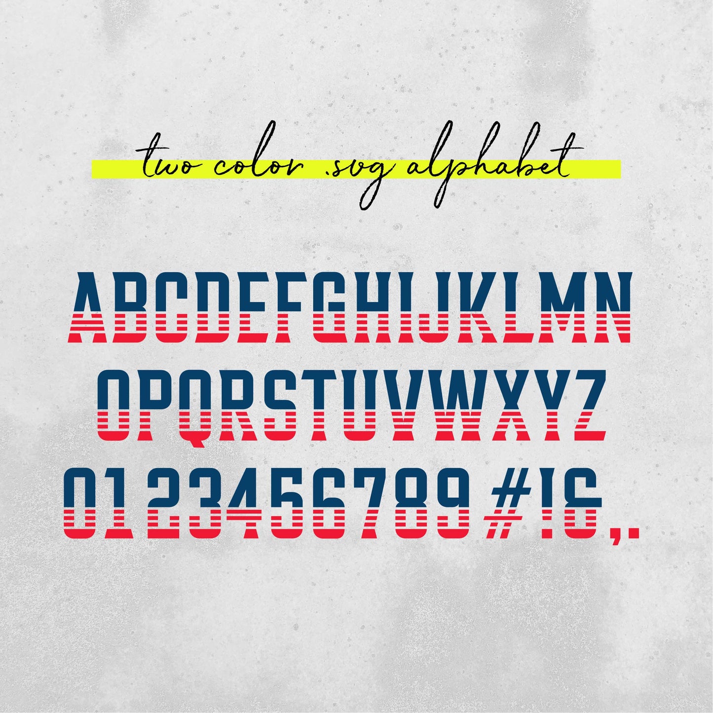 Two-color SVG alphabet with blue and red striped letters, numbers 0-9, and symbols on a gray background.
