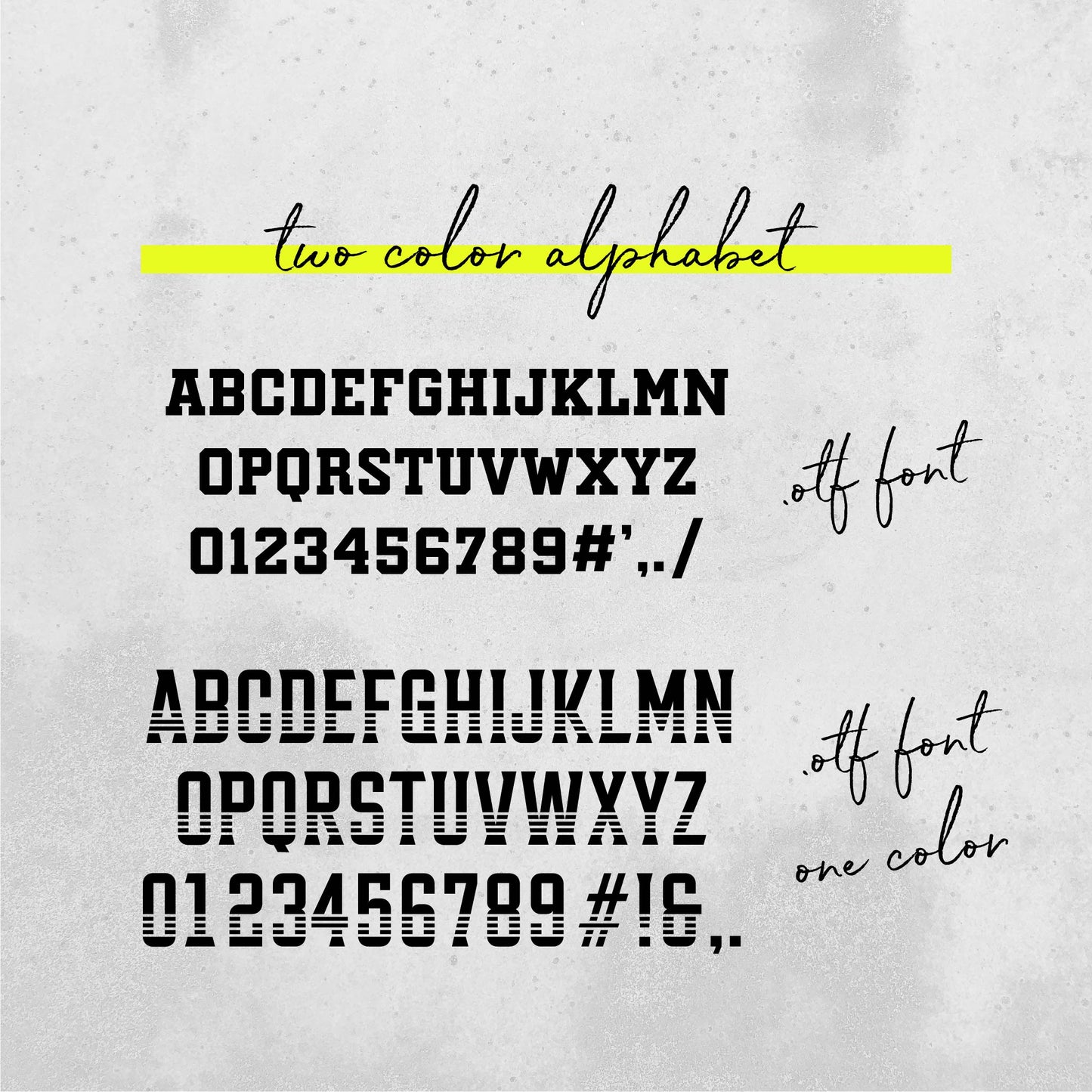 Two color alphabet font collection with numbers and symbols, available in .otf format for creative design projects.