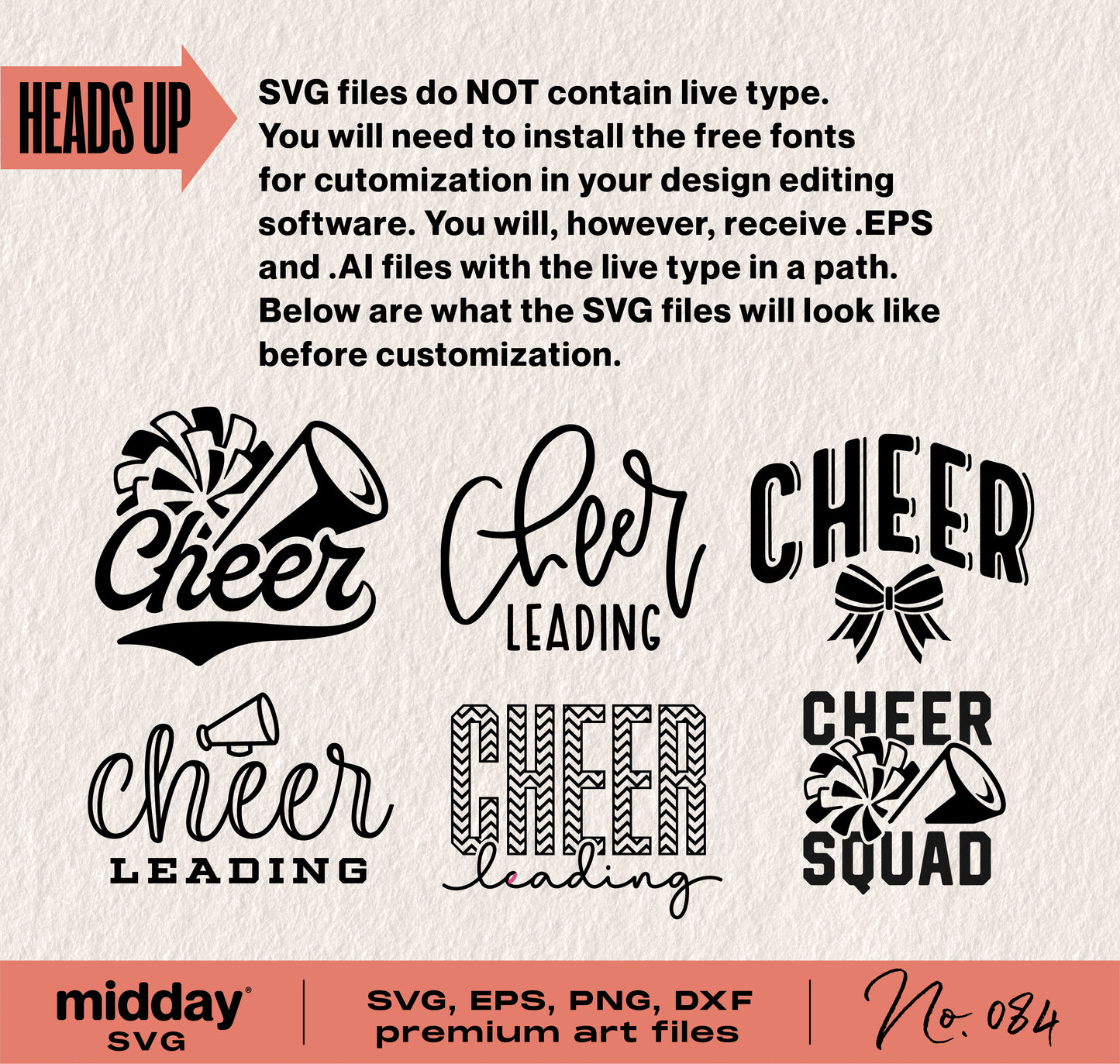 Cheer Bundle SVG file preview with cheerleading designs in SVG, EPS, PNG, DXF formats. Includes phrases 'Cheer,' 'Cheerleading,' and 'Cheer Squad.'