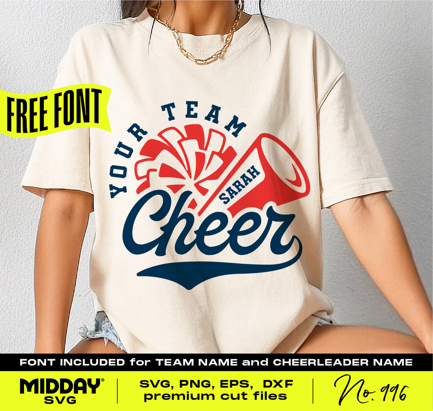 Cheer team template T-shirt with pom-pom and megaphone design, customizable with free font for team and cheerleader names, digital download.