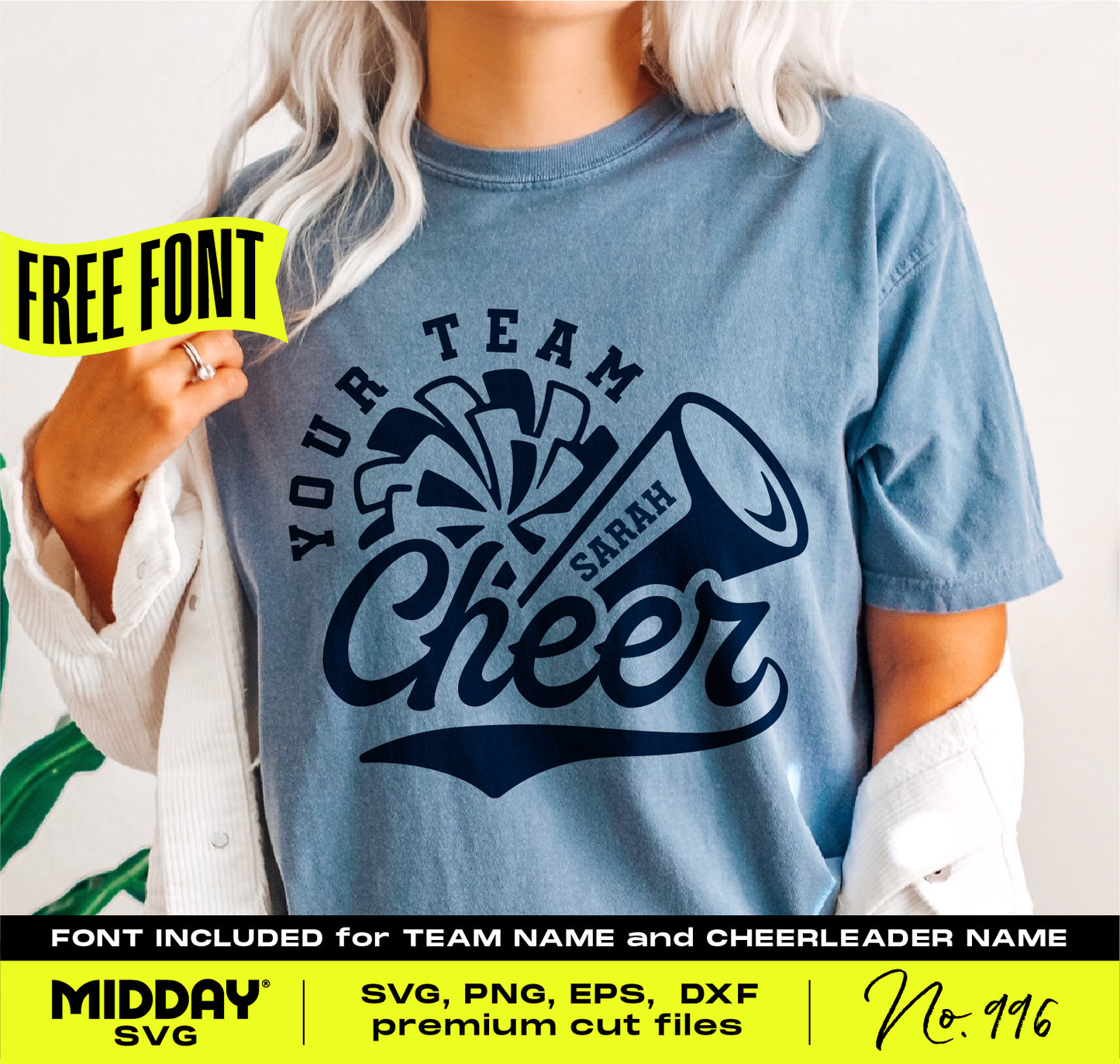 Cheer Team Template with Pom and Megaphone Design on Blue T-Shirt, Includes Free Font and Digital Download for Custom Cheer Gear