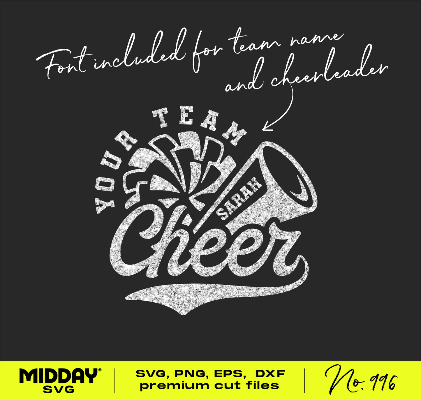 Cheer team template with pom-pom and megaphone, digital download in SVG, PNG, DXF, EPS formats, includes customizable font.