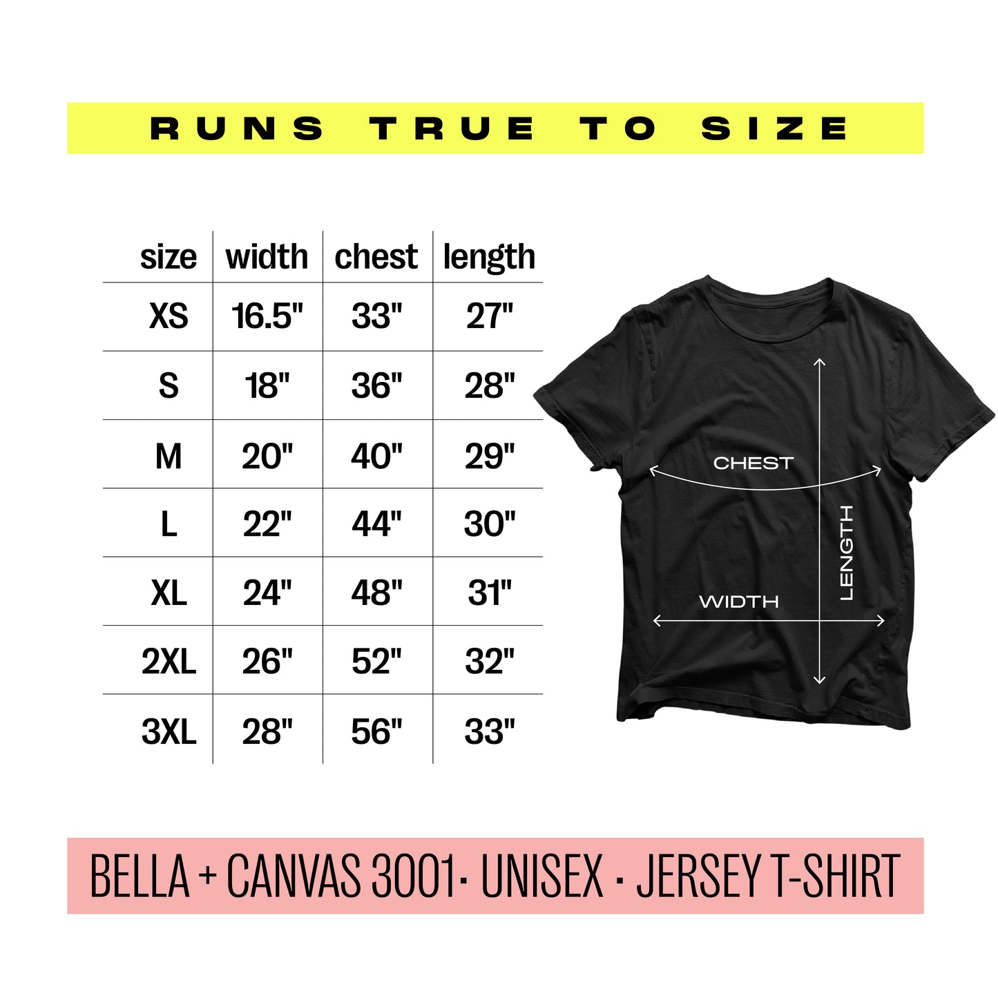Size chart for Bella + Canvas 3001 unisex jersey t-shirt with chest and length measurements for XS to 3XL.