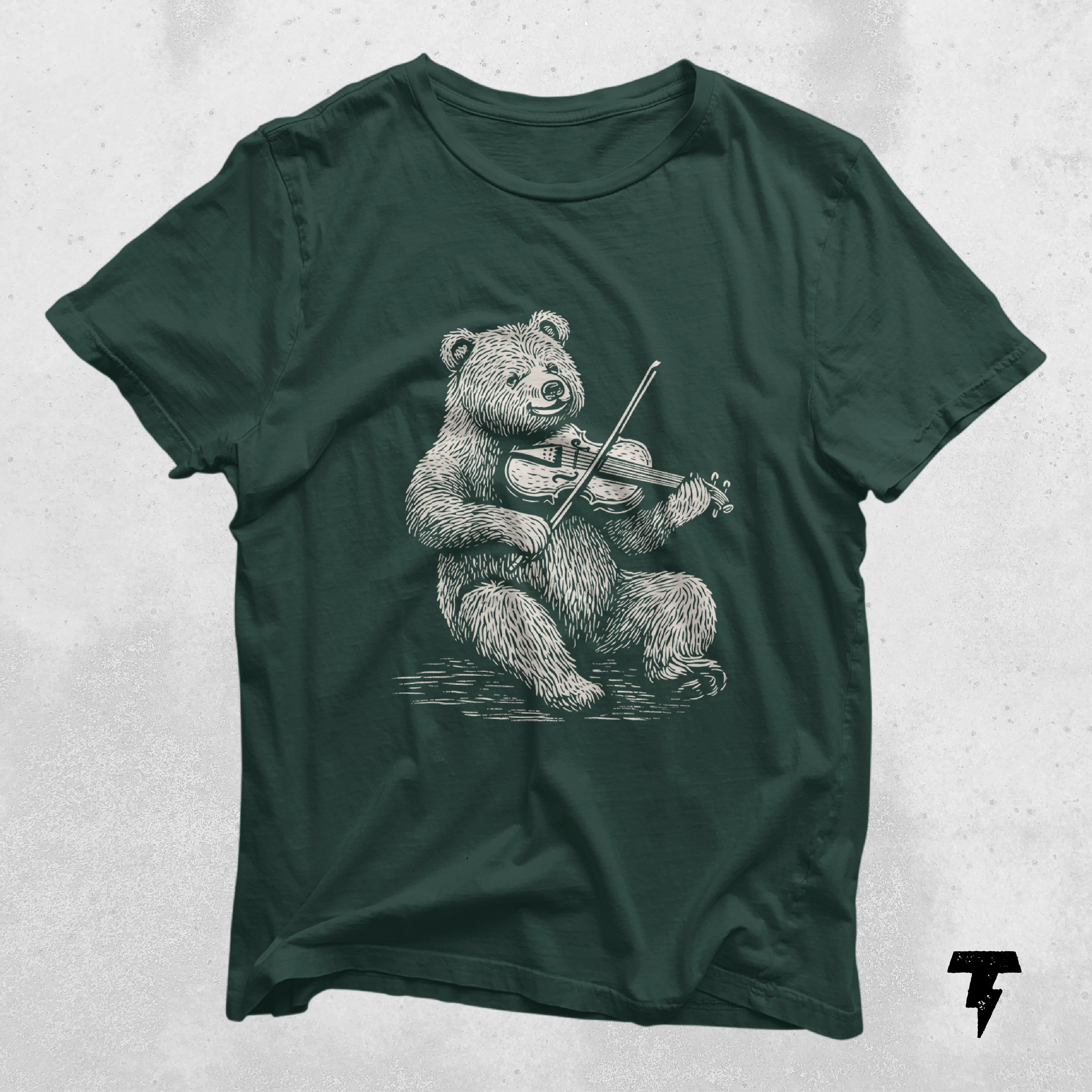 Dark green t-shirt featuring a cute bear playing a violin, ideal gift for violinists and music teachers, unique musician apparel.