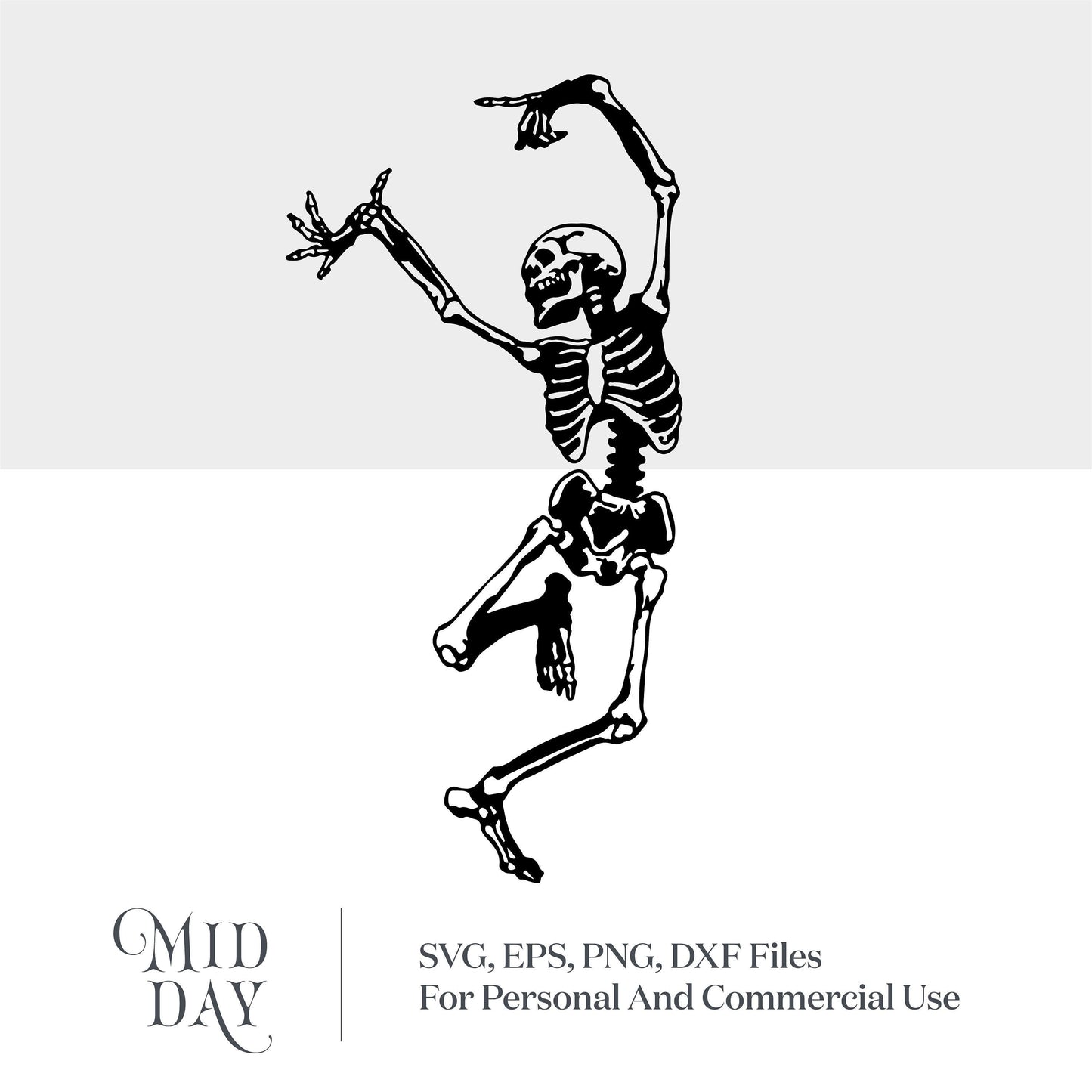 Dancing skeleton SVG design for Halloween, available in SVG, EPS, PNG, and DXF formats for personal and commercial use.
