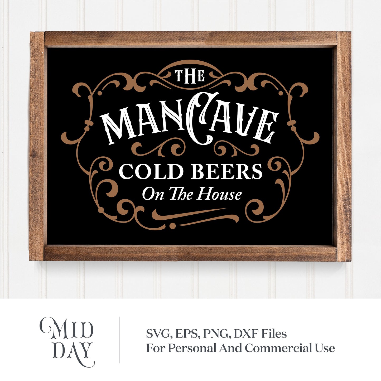 Vintage man cave sign SVG with 'Cold Beers On The House' text, ideal for Father's Day gifts and garage decor, includes SVG, DXF files.