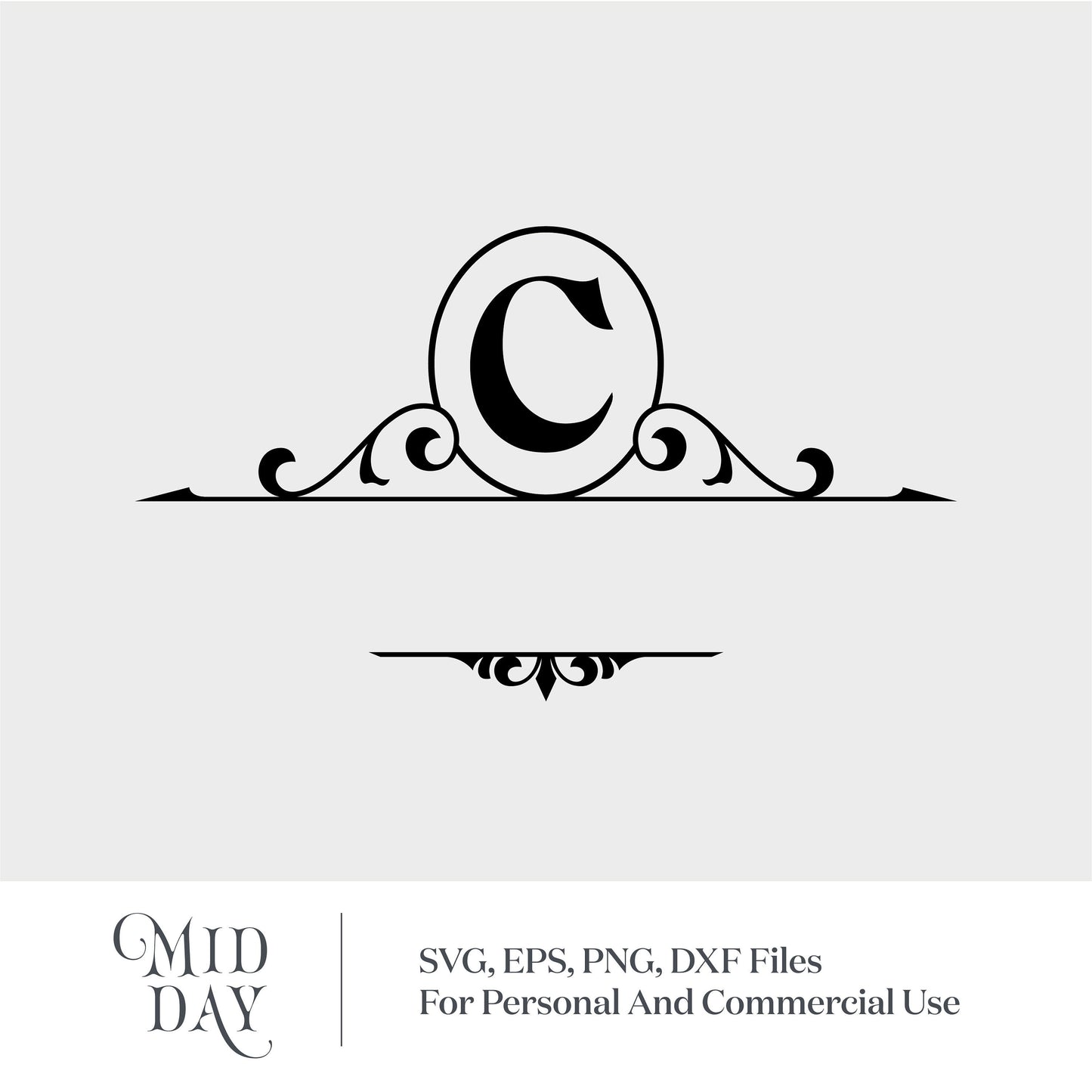 Elegant split monogram letter C SVG with ornate frame, suitable for Cricut projects and personalized designs.